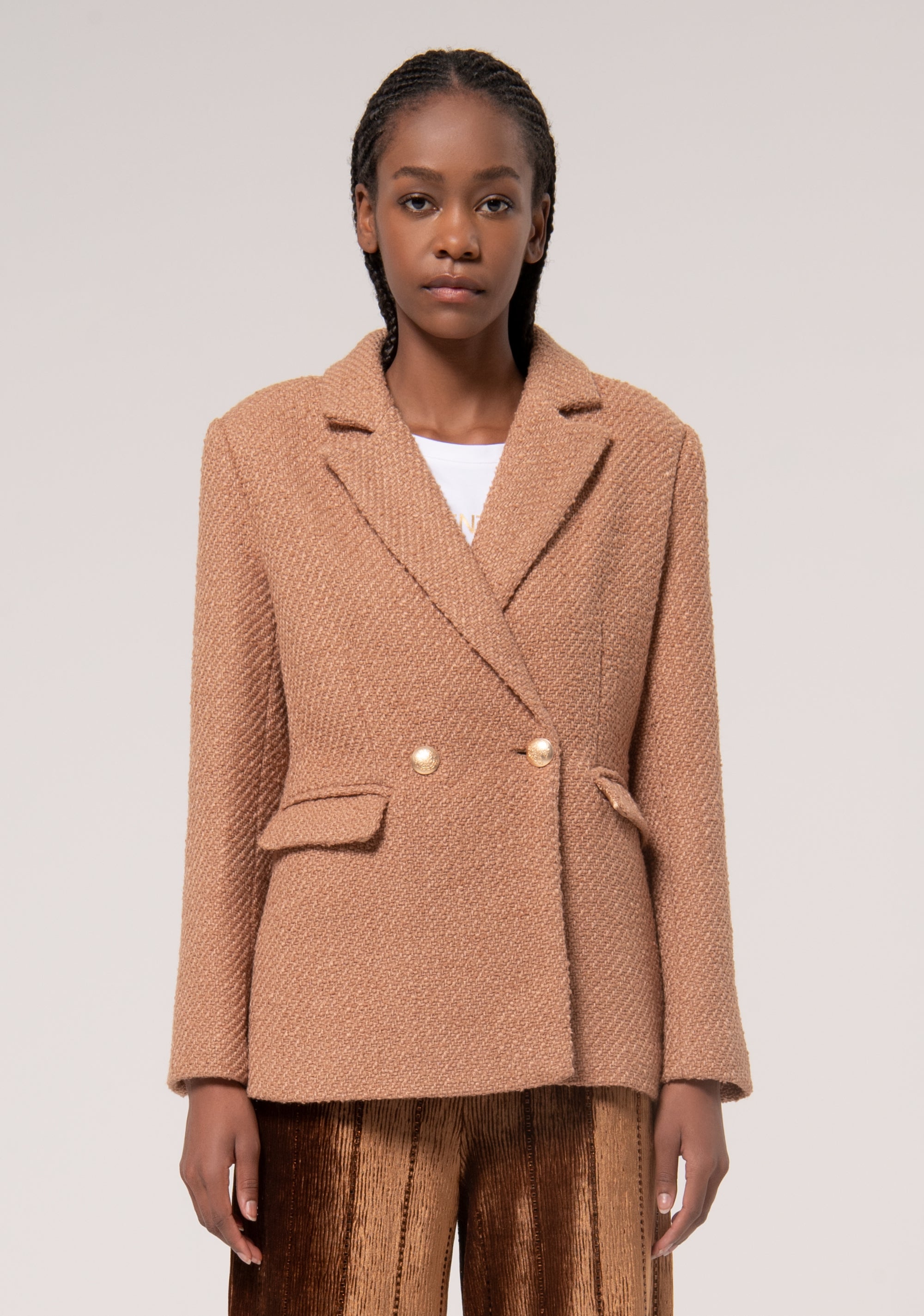 Winter Brown Plaid Blazer Womens Outfit Wool Coat Ladies Tweed