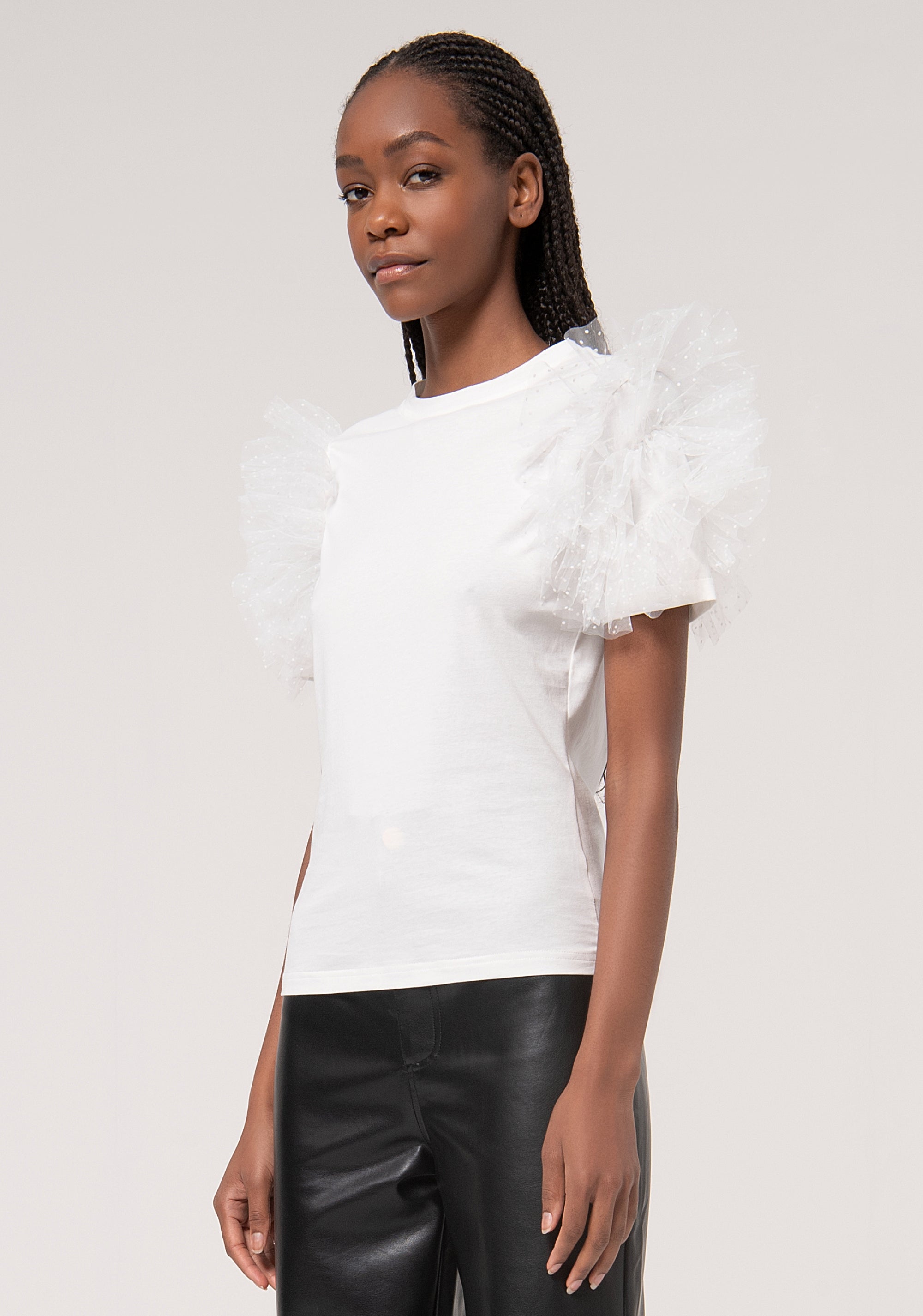 T-shirt regular fit with short sleeves with frills made in plumetis tulle Fracomina FR24WT1021J401S3-278-3