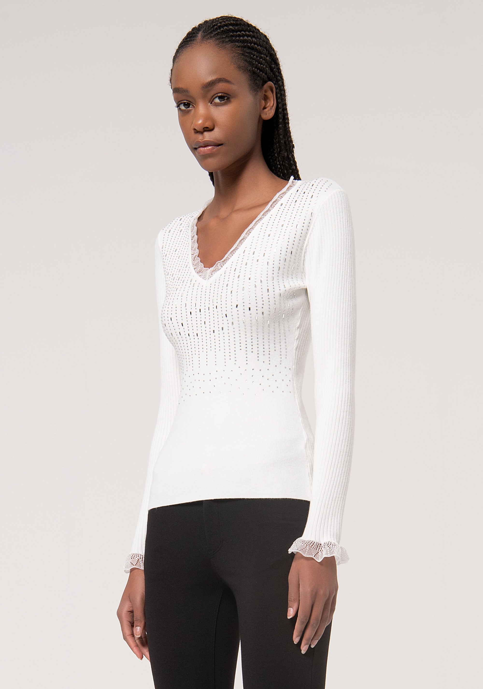 Knitwear slim fit with ribs and shiny strasses Fracomina FR24WT7009K506R9-108-3