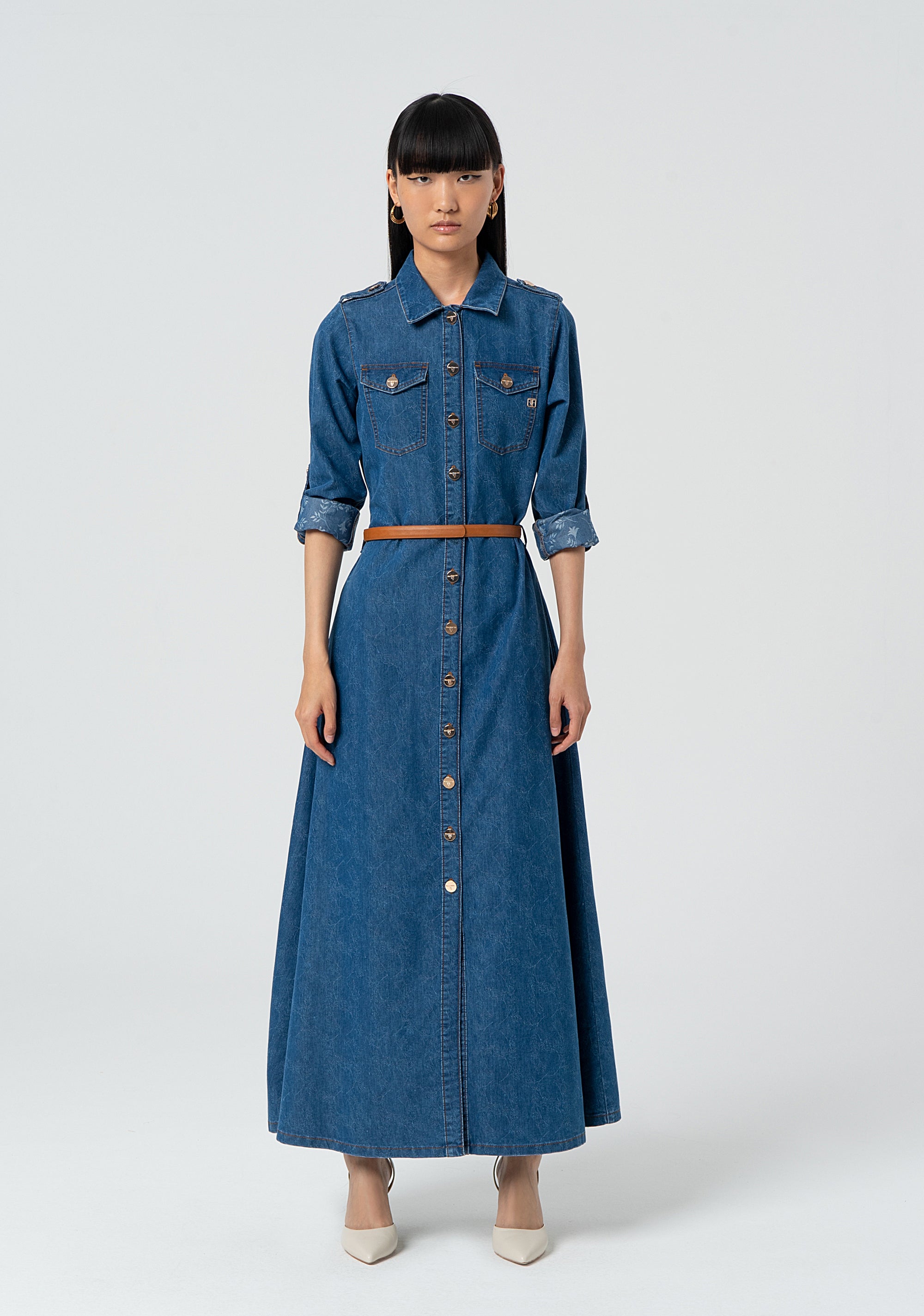 Long chemisier dress made in denim with jacquard effect Fracomina FR25SD4004D417V6-349-1