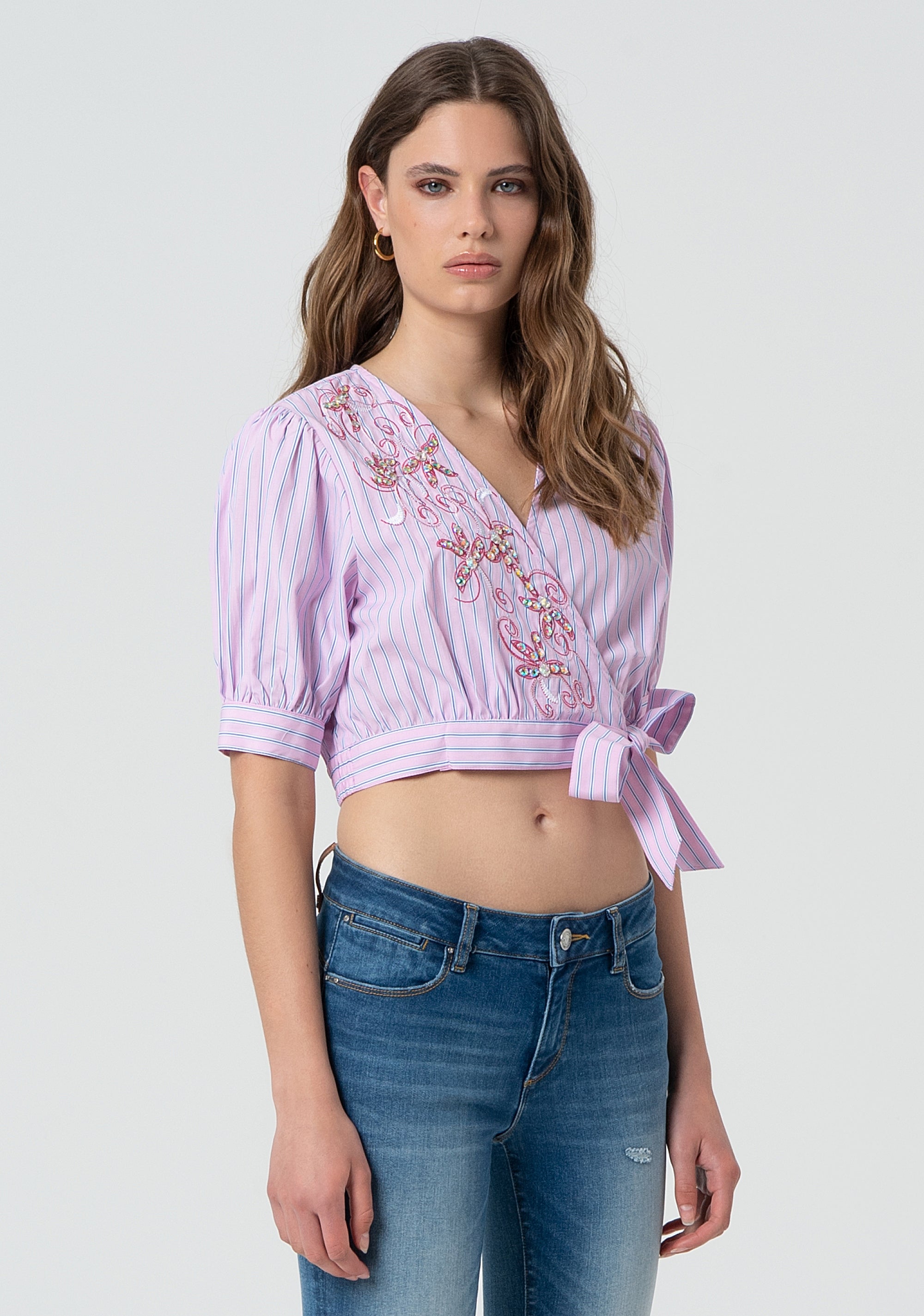 Top cropped with stripes and embroideries Fracomina FR25ST1006W696N8-238-3