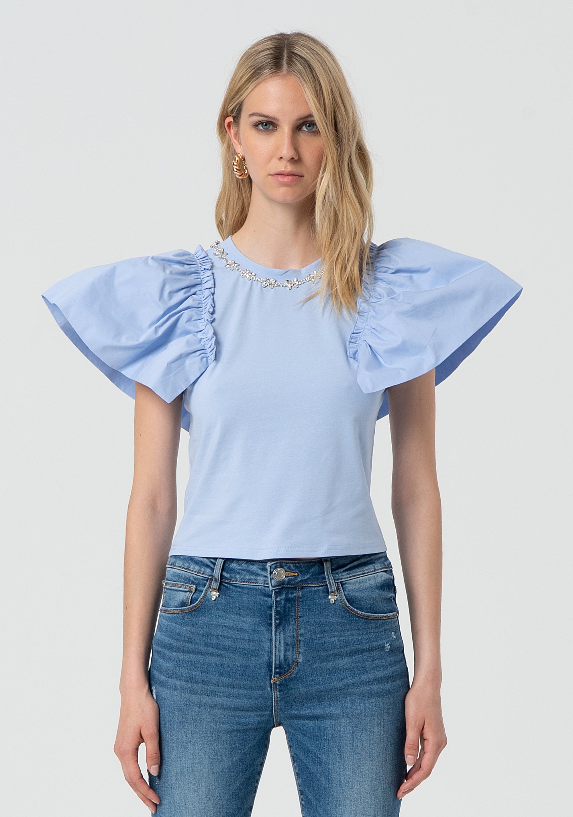 T-shirt regular fit made in jersey with ruffles made in popeline at the armholes Fracomina FR25ST3030J401V5-252-1