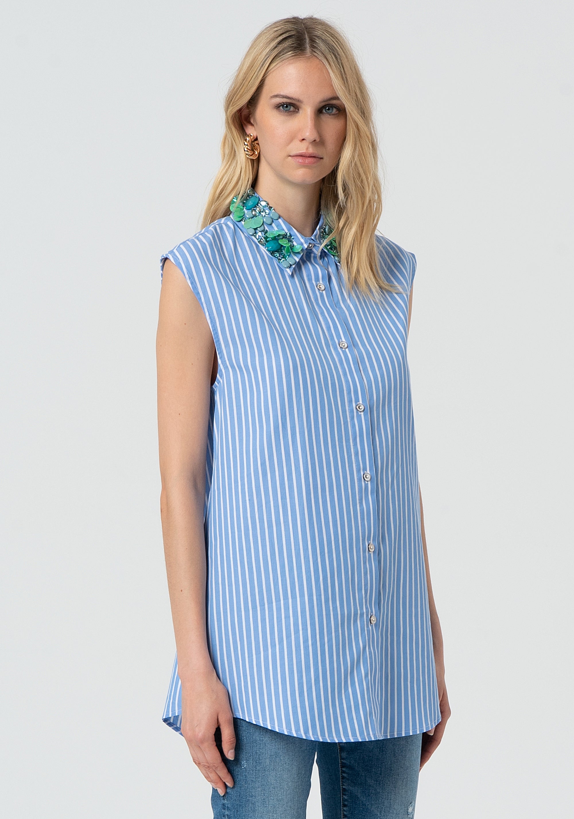 Long sleeveless shirt made in popeline with stripes Fracomina FR25ST6011W400N8-M02-3