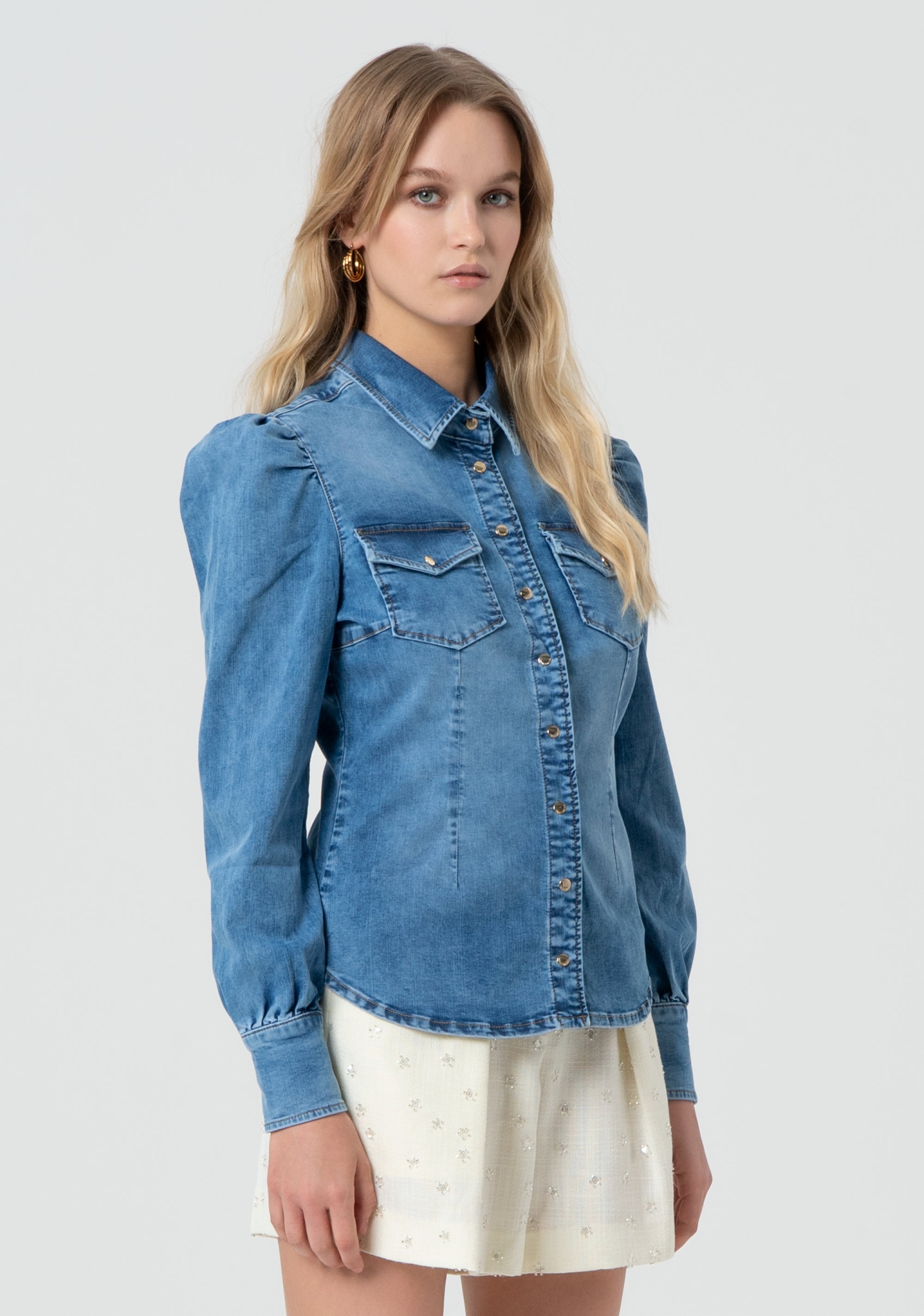 Fitted denim shirt with puff sleeves Fracomina FR25ST6023D46002-258-3