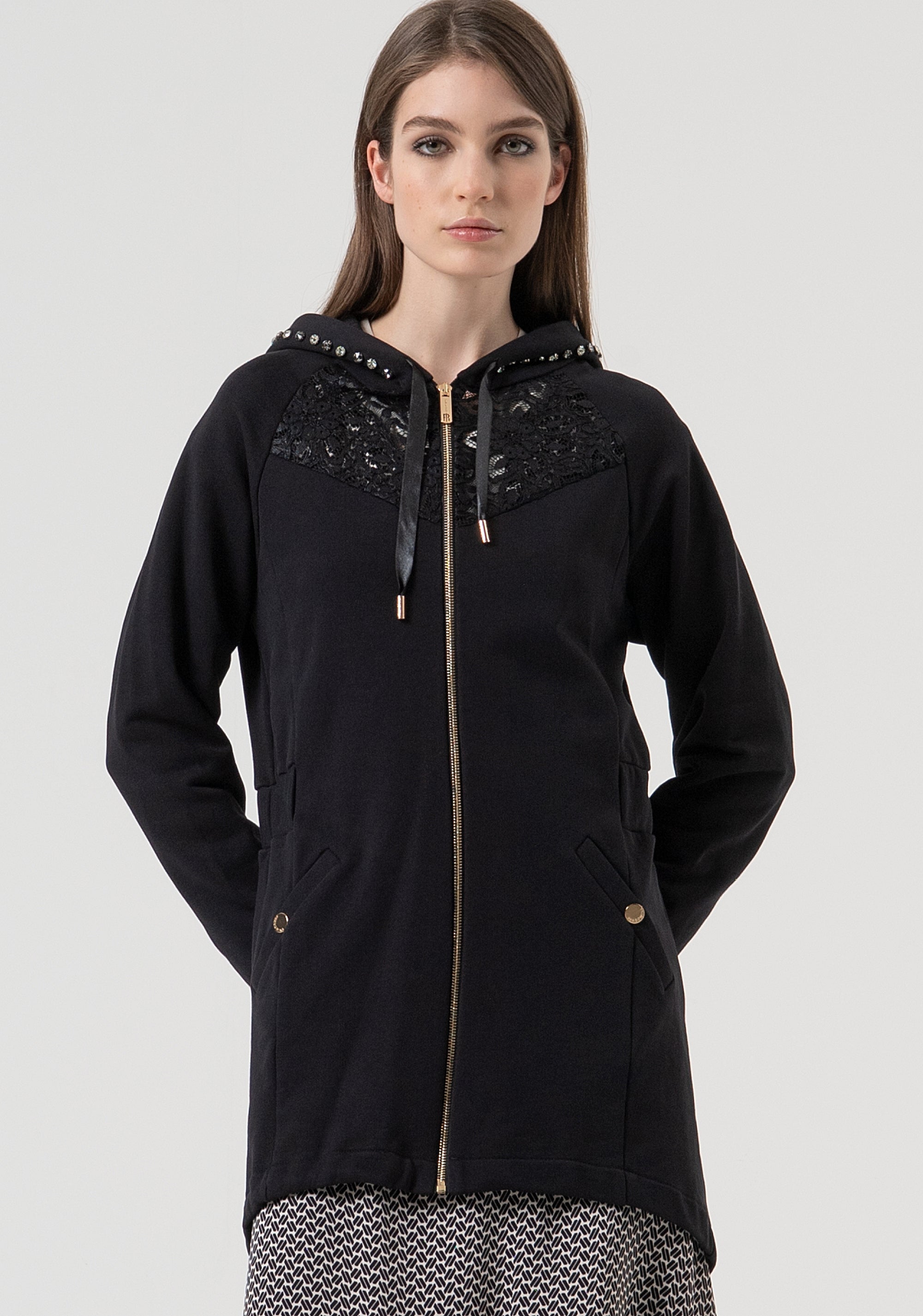 Long sweater regular fit with hood with stones applied Fracomina FR25WC6002F400G1-053-1
