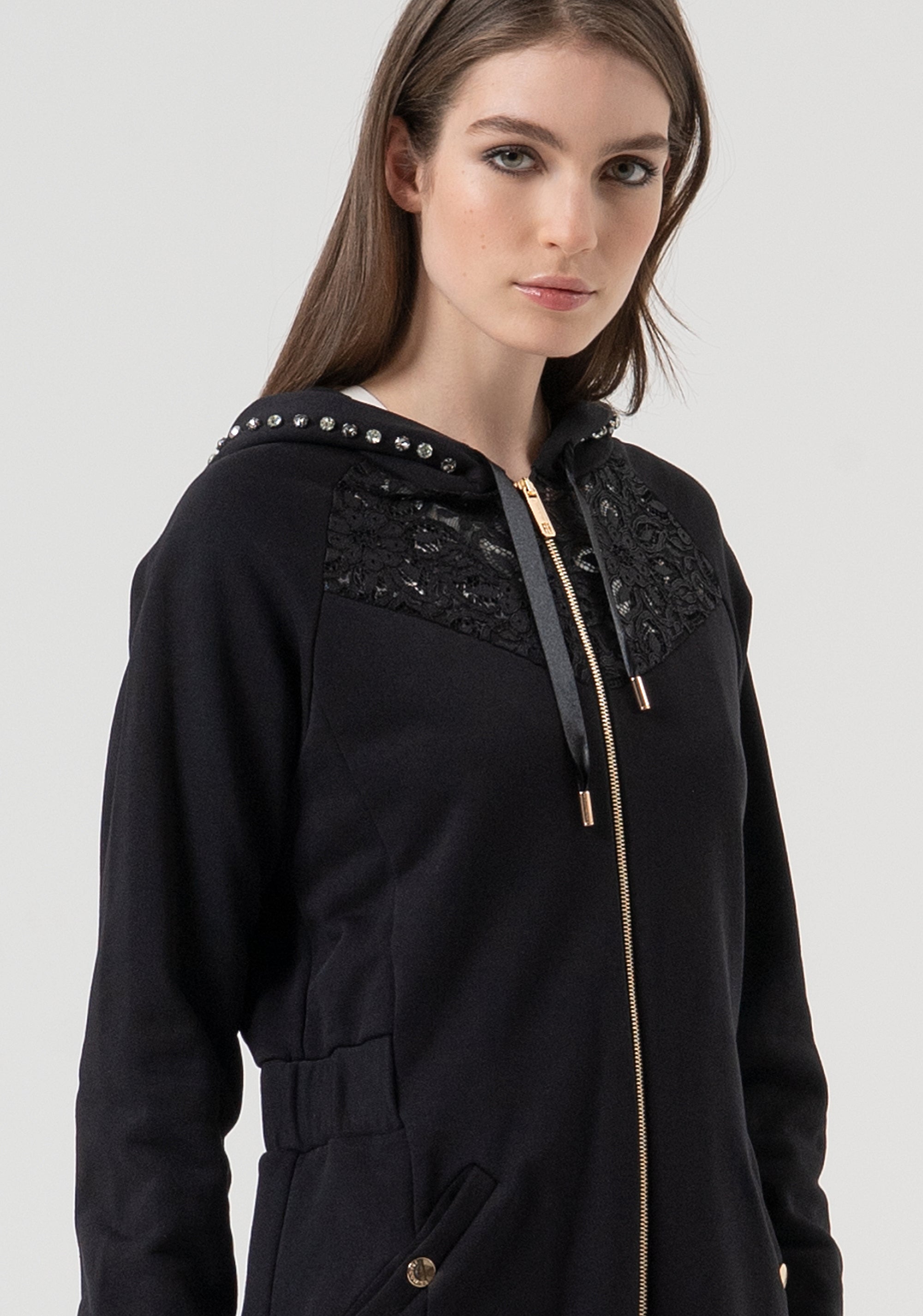 Long sweater regular fit with hood with stones applied Fracomina FR25WC6002F400G1-053-2
