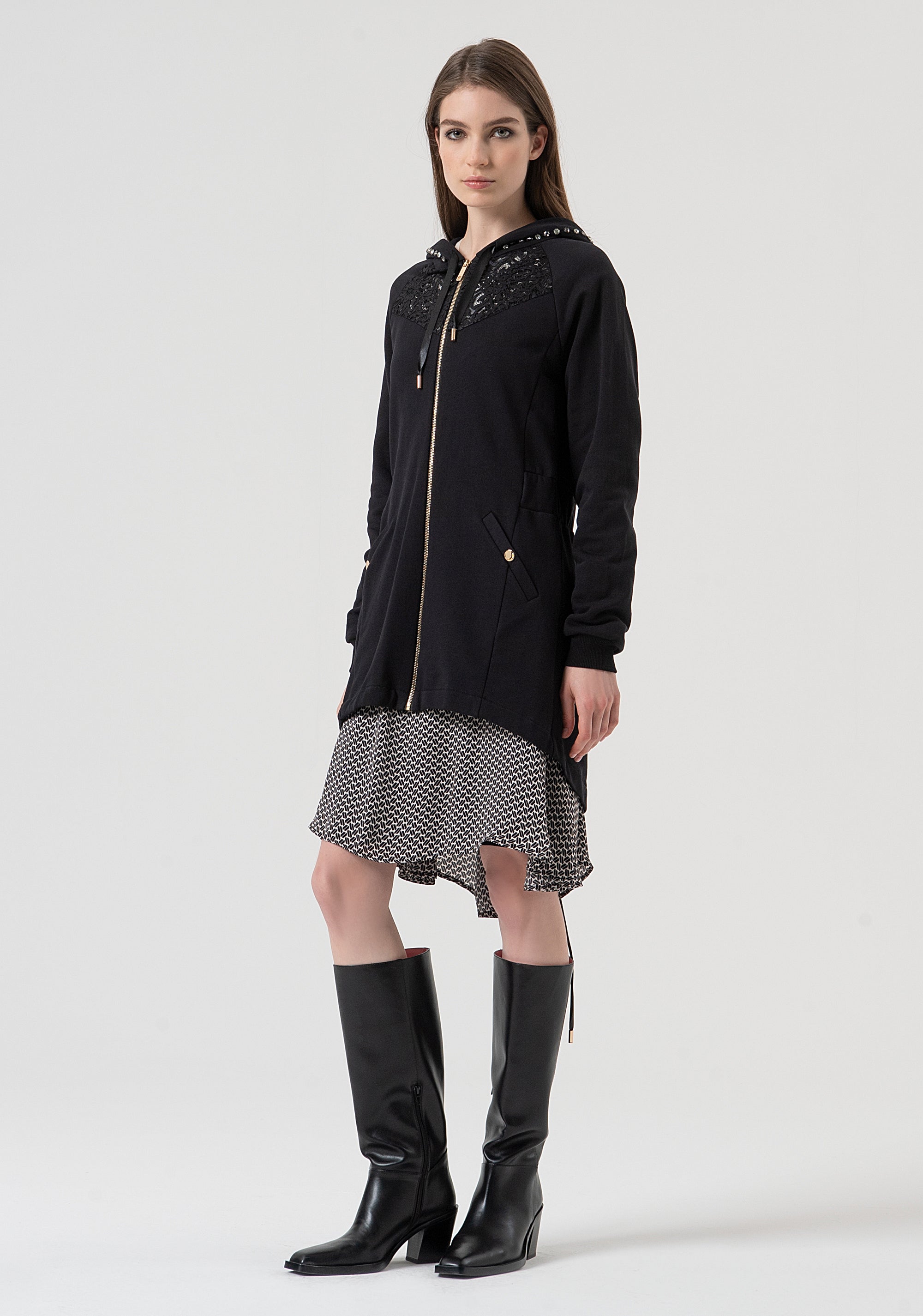 Long sweater regular fit with hood with stones applied Fracomina FR25WC6002F400G1-053-3