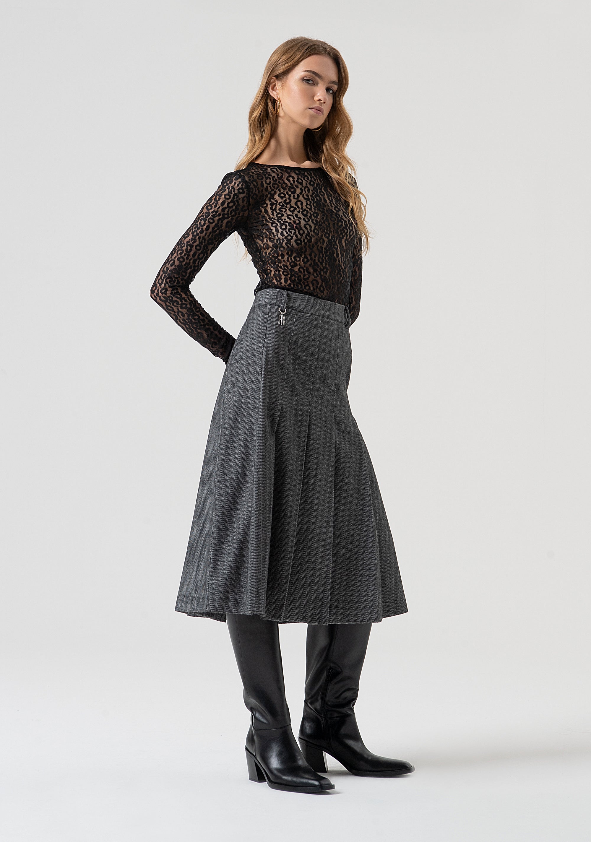 Skirt flared middle length made in pinstriped fabric Fracomina FR25WG2003W492W5-159-3