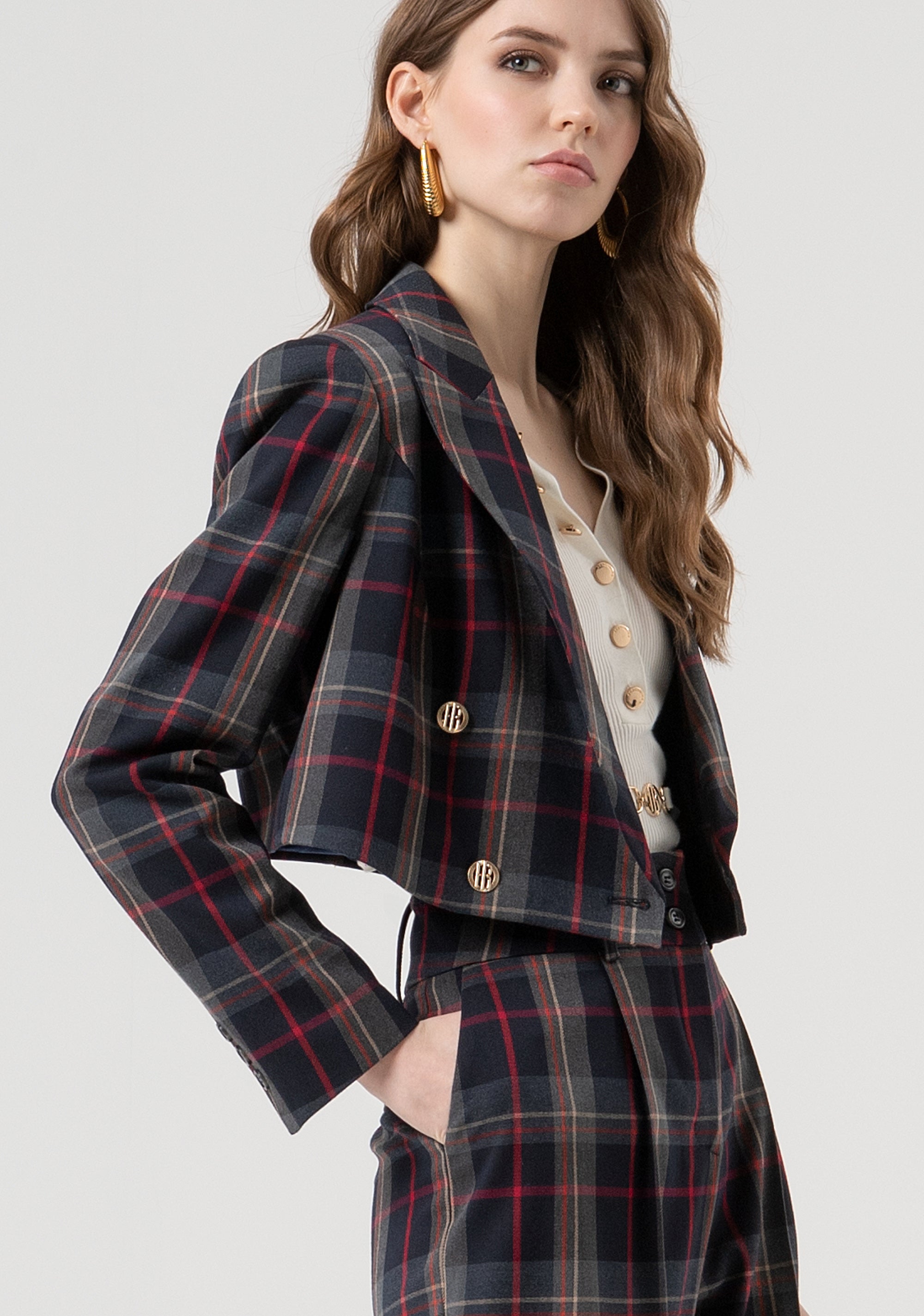 Blazer jacket cropped double breasted with tartan pattern Fracomina FR25WJ1003W45995-T62-2