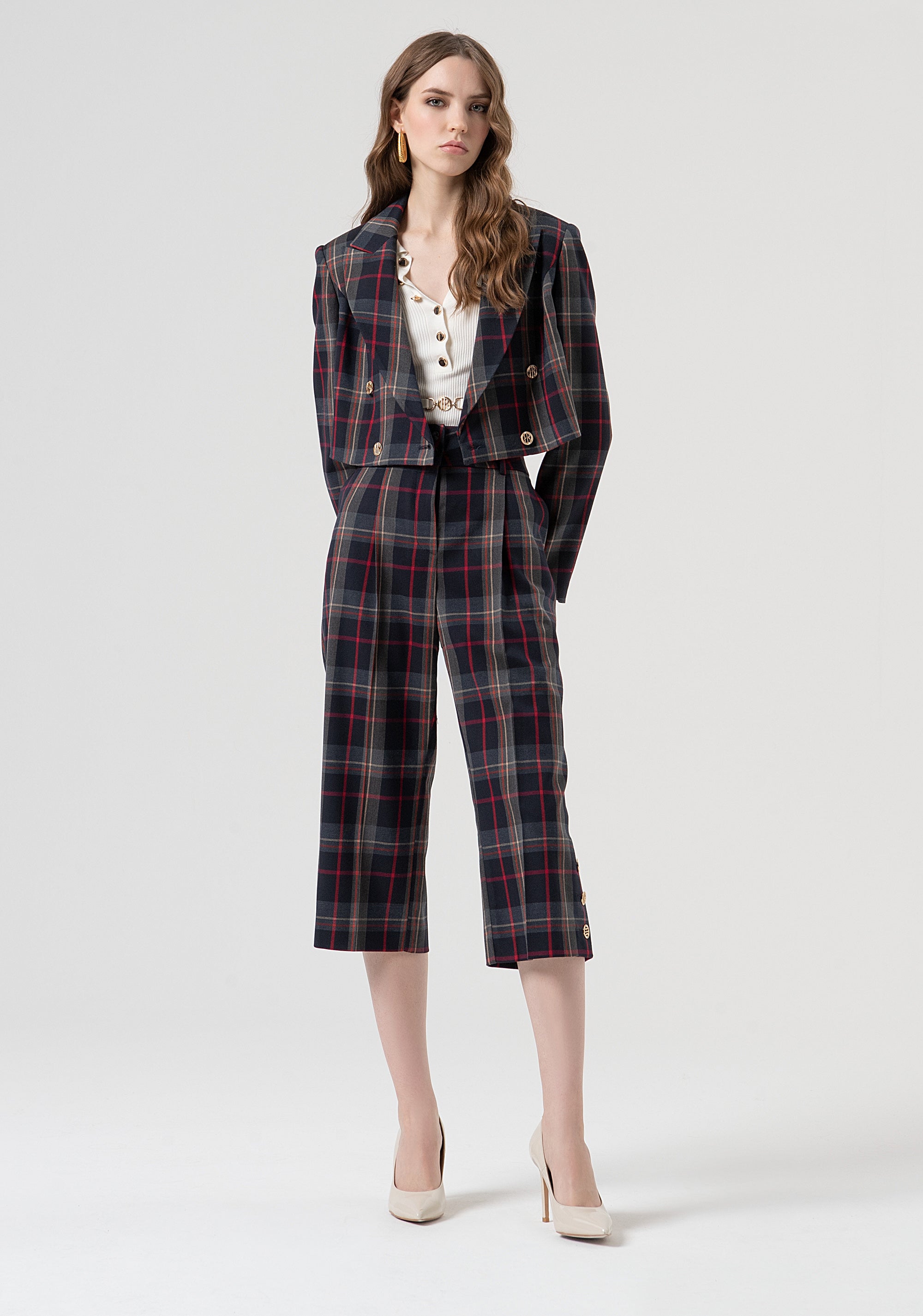 Blazer jacket cropped double breasted with tartan pattern Fracomina FR25WJ1003W45995-T62-4