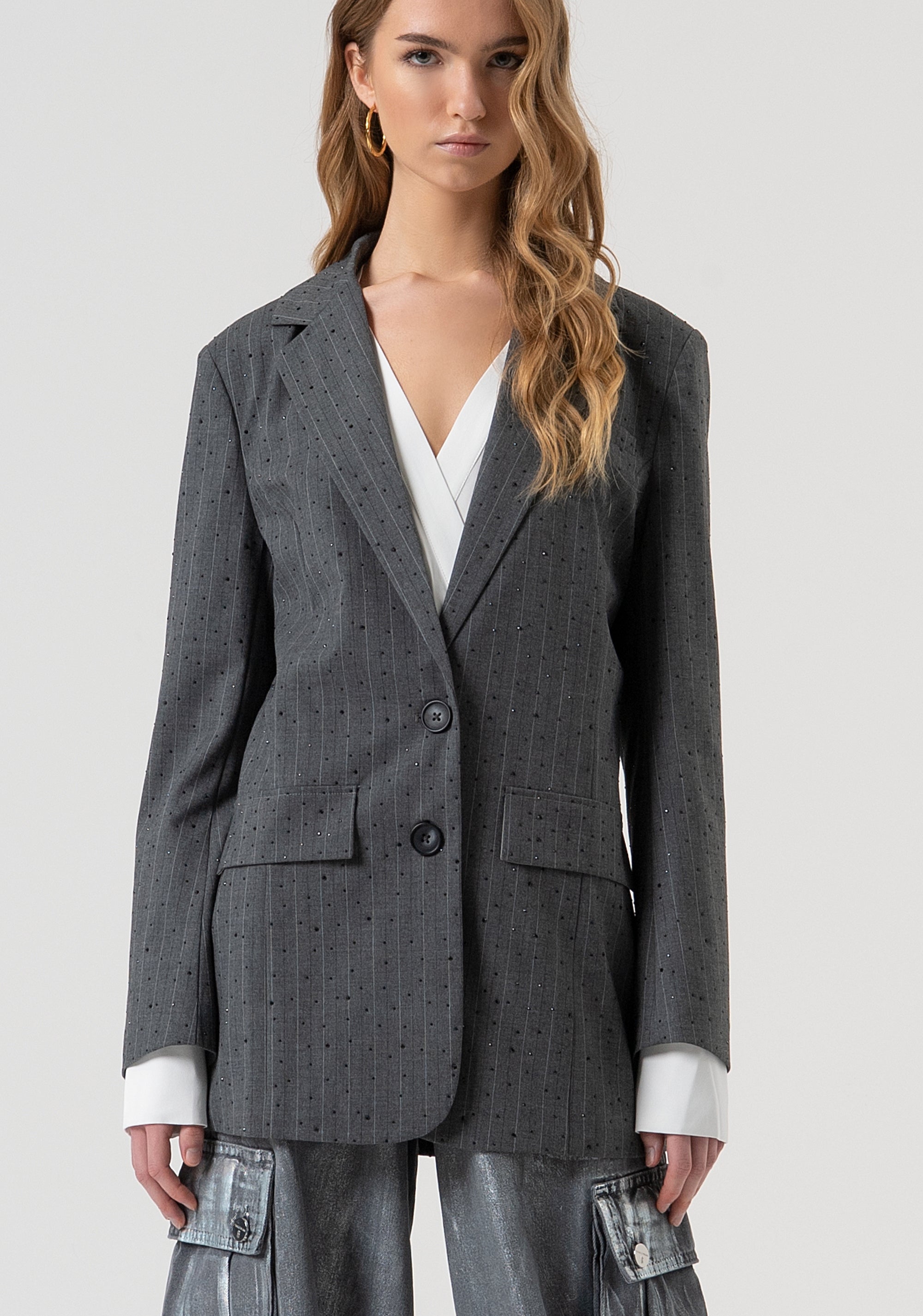 Long blazer jacket regular fit pinstriped with strass Fracomina FR25WJ3011W459D4-121-1