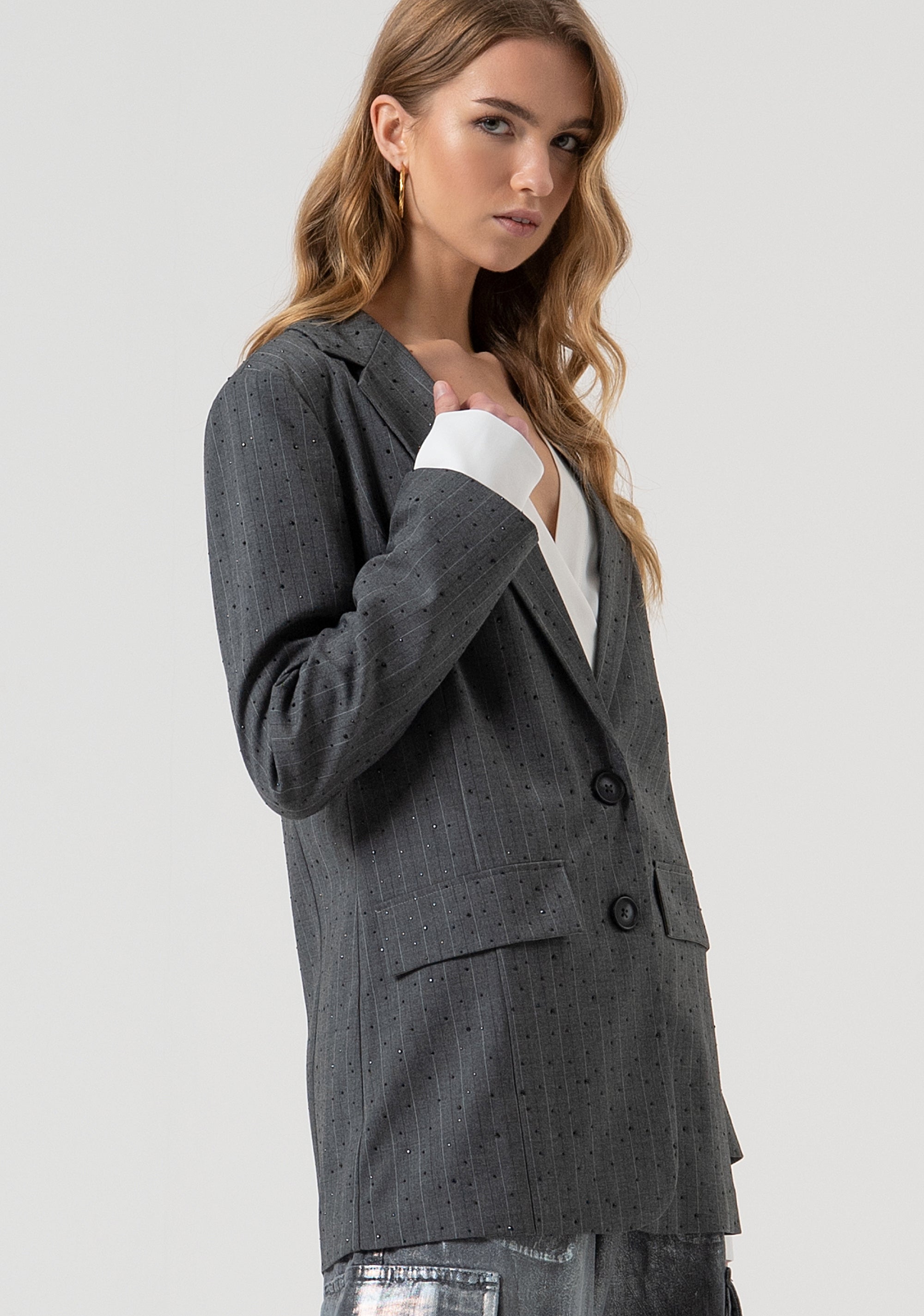 Long blazer jacket regular fit pinstriped with strass Fracomina FR25WJ3011W459D4-121-3