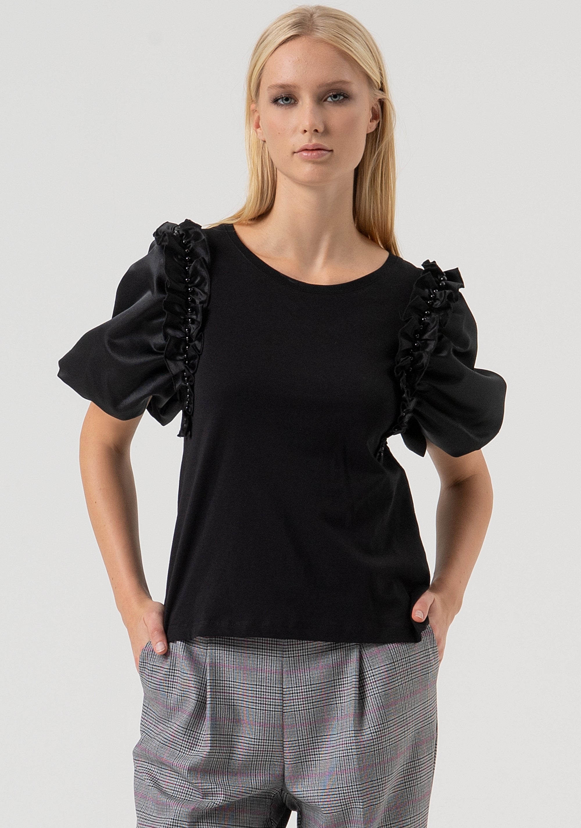 T-shirt regular fit made in jersey with balloon effect sleeves made in satin Fracomina FR25WT3041J400R9-053-1