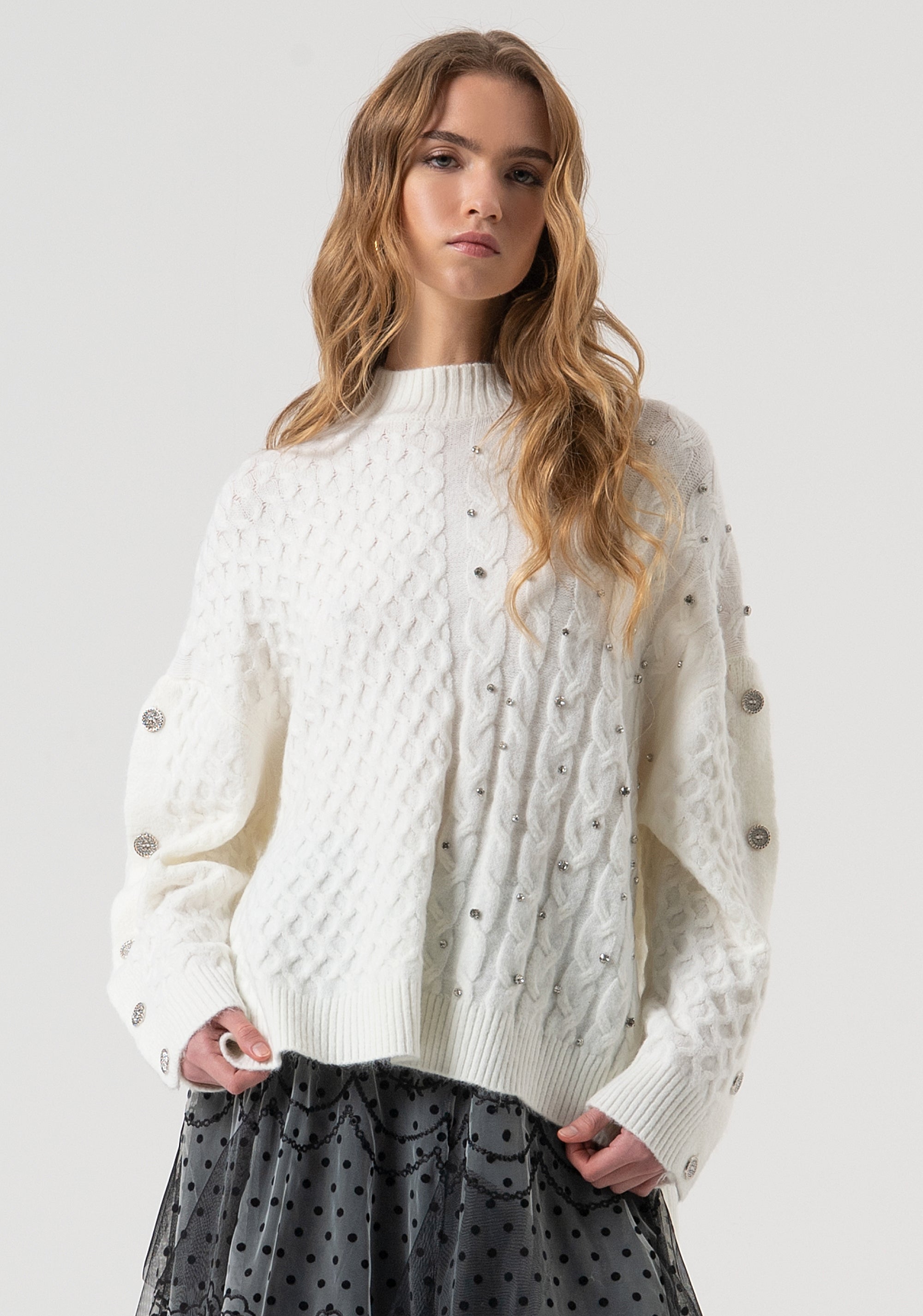 Knitwear over fit with plaits with shiny stones applied Fracomina FR25WT7037K47101-108-1