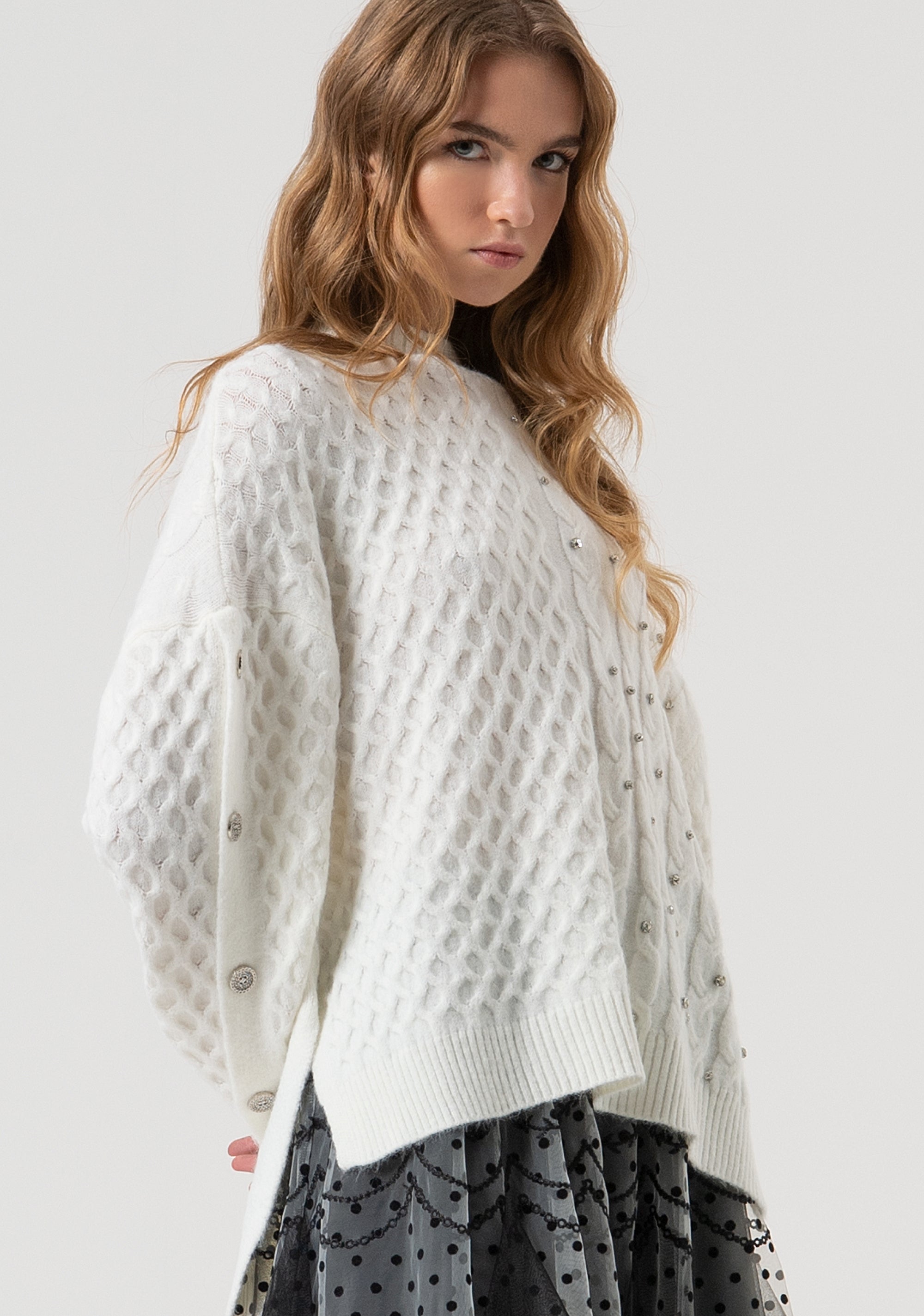 Knitwear over fit with plaits with shiny stones applied Fracomina FR25WT7037K47101-108-3