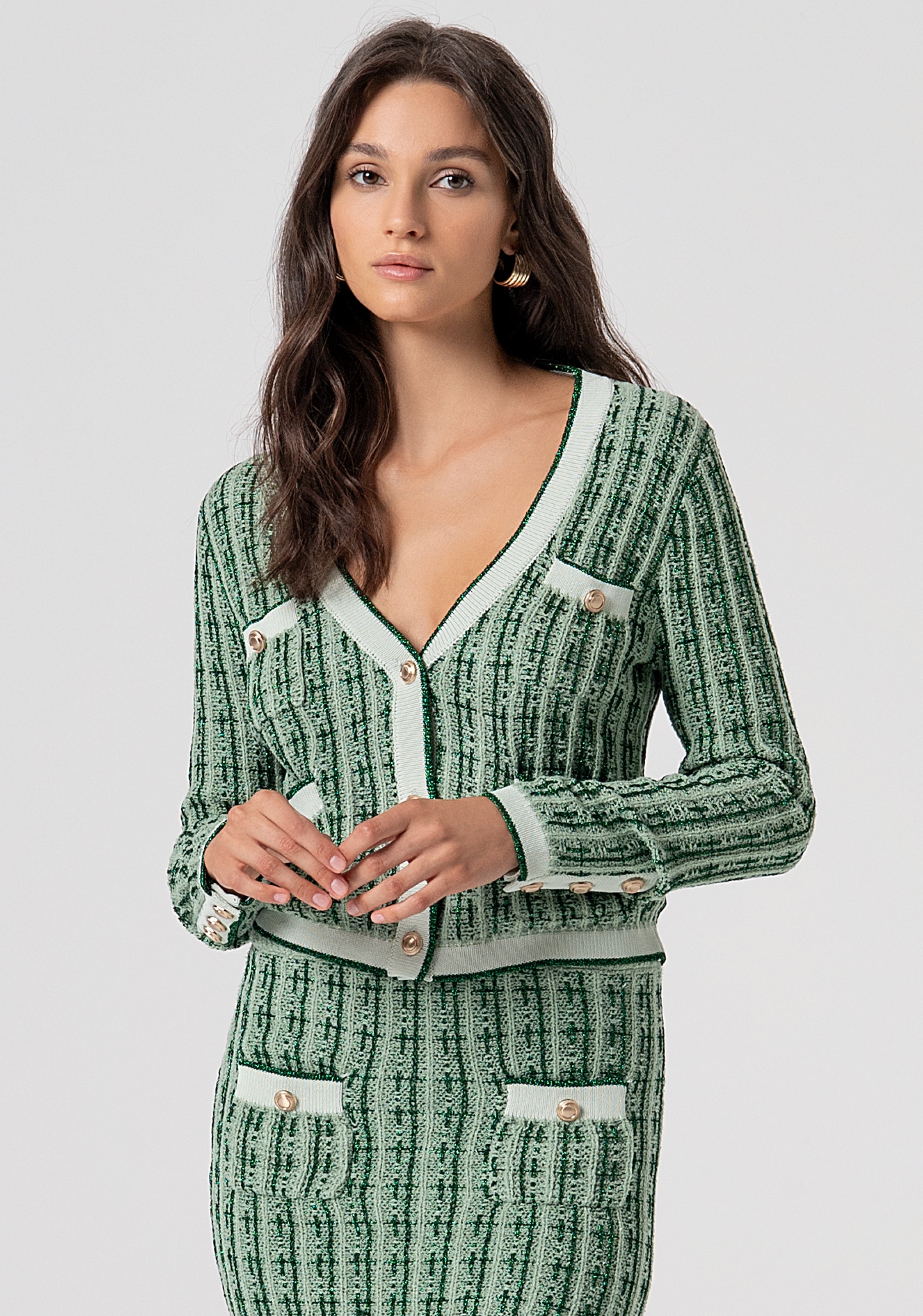 Two-Tone Knit Cropped Cardigan with Gold Buttons Fracomina FR25WT8027K55501-B08