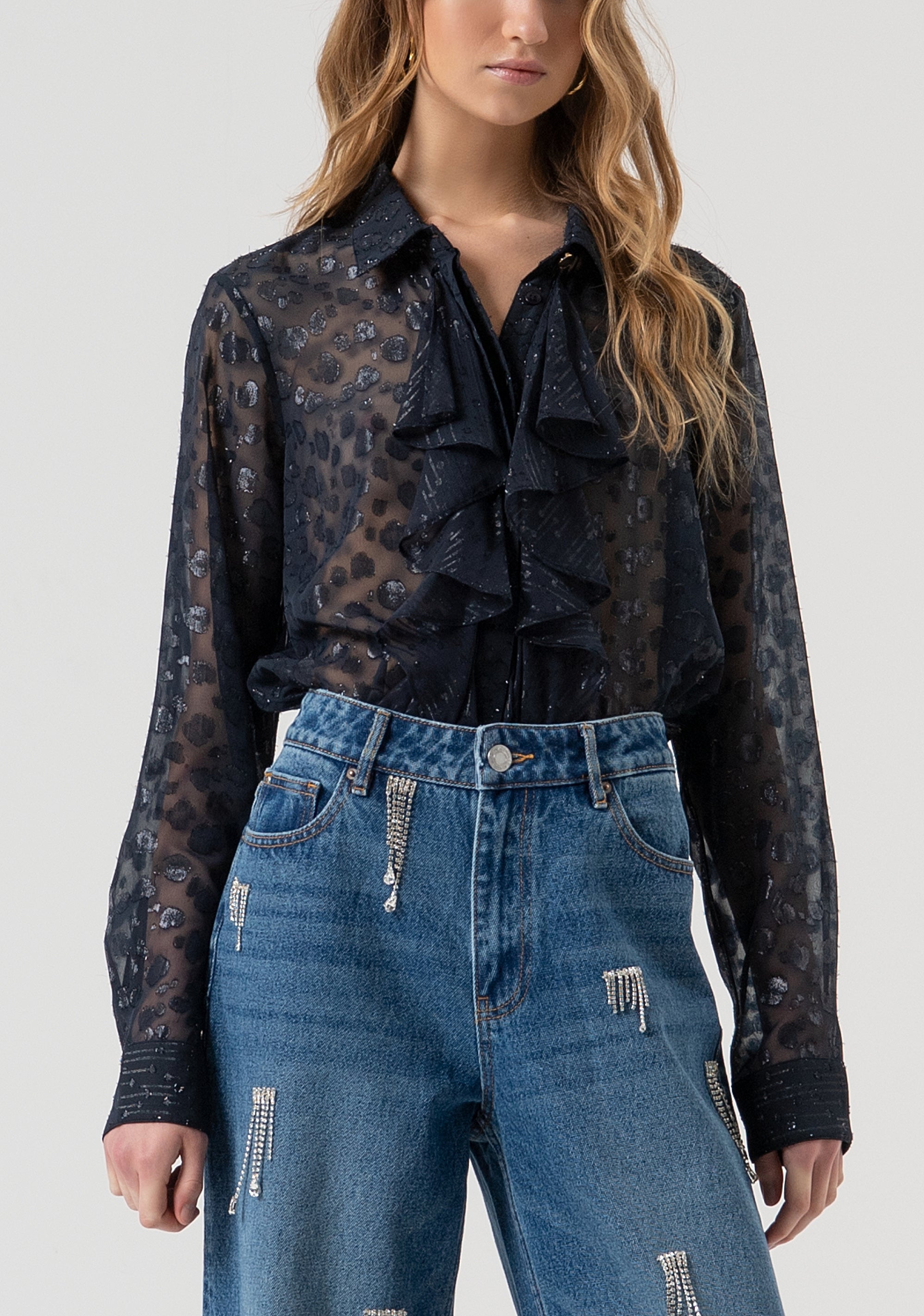 Jeans flare made in denim with middle wash and shiny strasses Fracomina FR25WV2008D41902-349-2