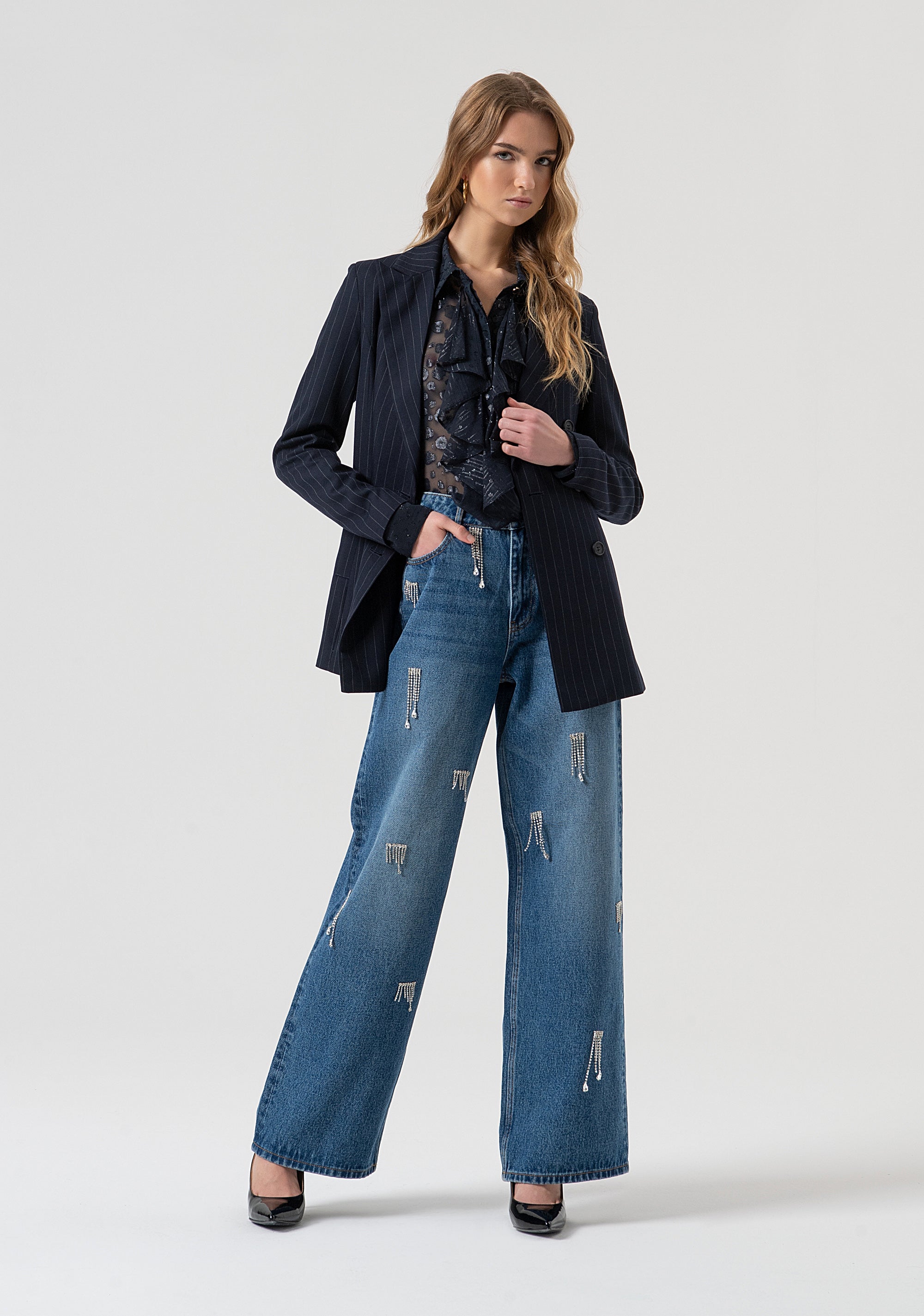 Jeans flare made in denim with middle wash and shiny strasses Fracomina FR25WV2008D41902-349-5