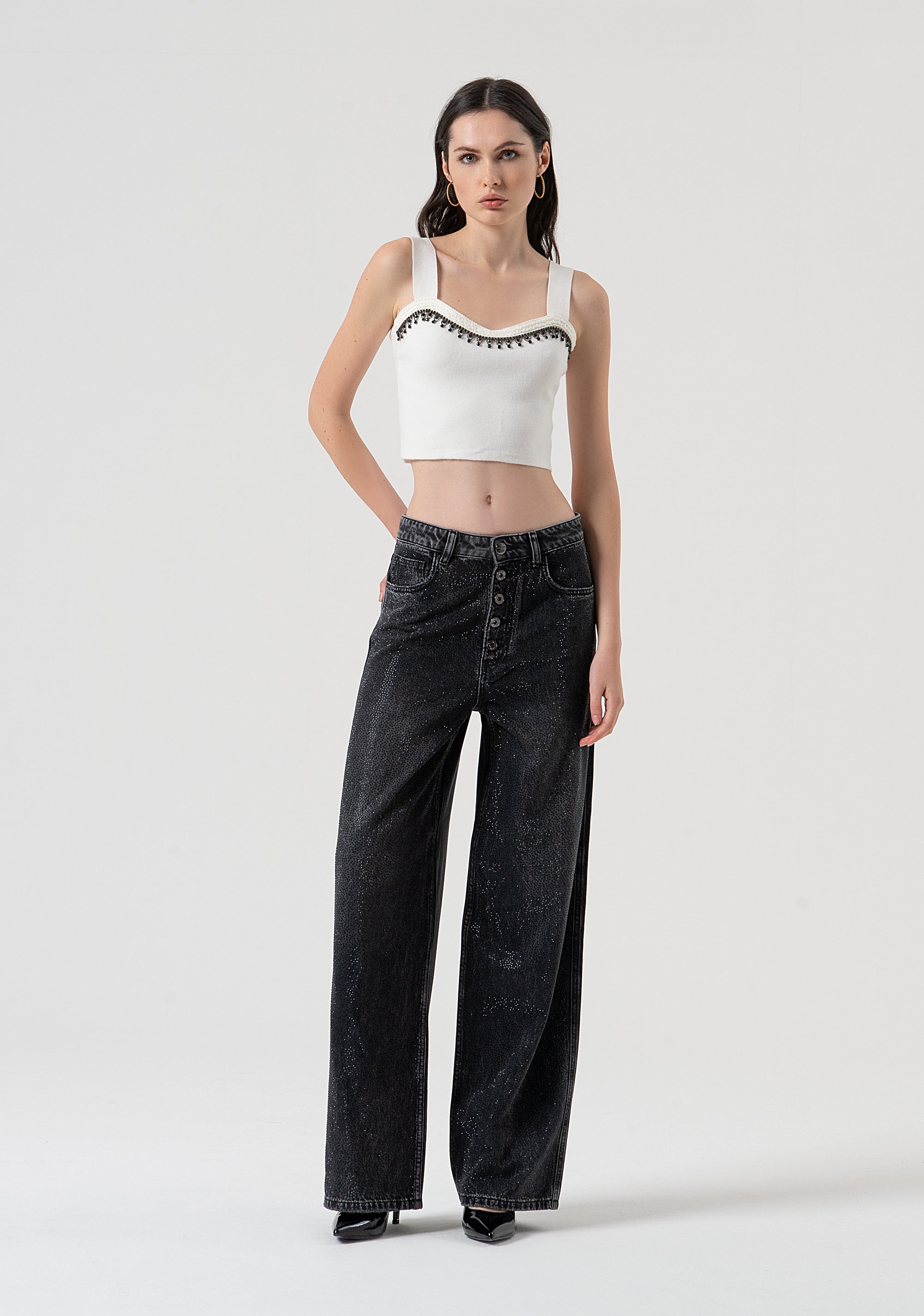 Palazzo pant wide fit made in black denim with dark wash and strasses Fracomina FR25WV3013D419R9-H21-1