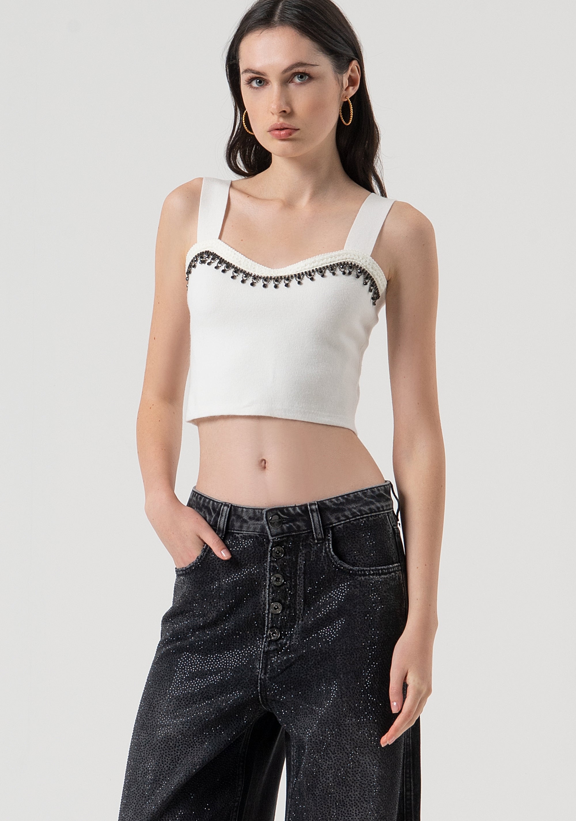 Palazzo pant wide fit made in black denim with dark wash and strasses Fracomina FR25WV3013D419R9-H21-2
