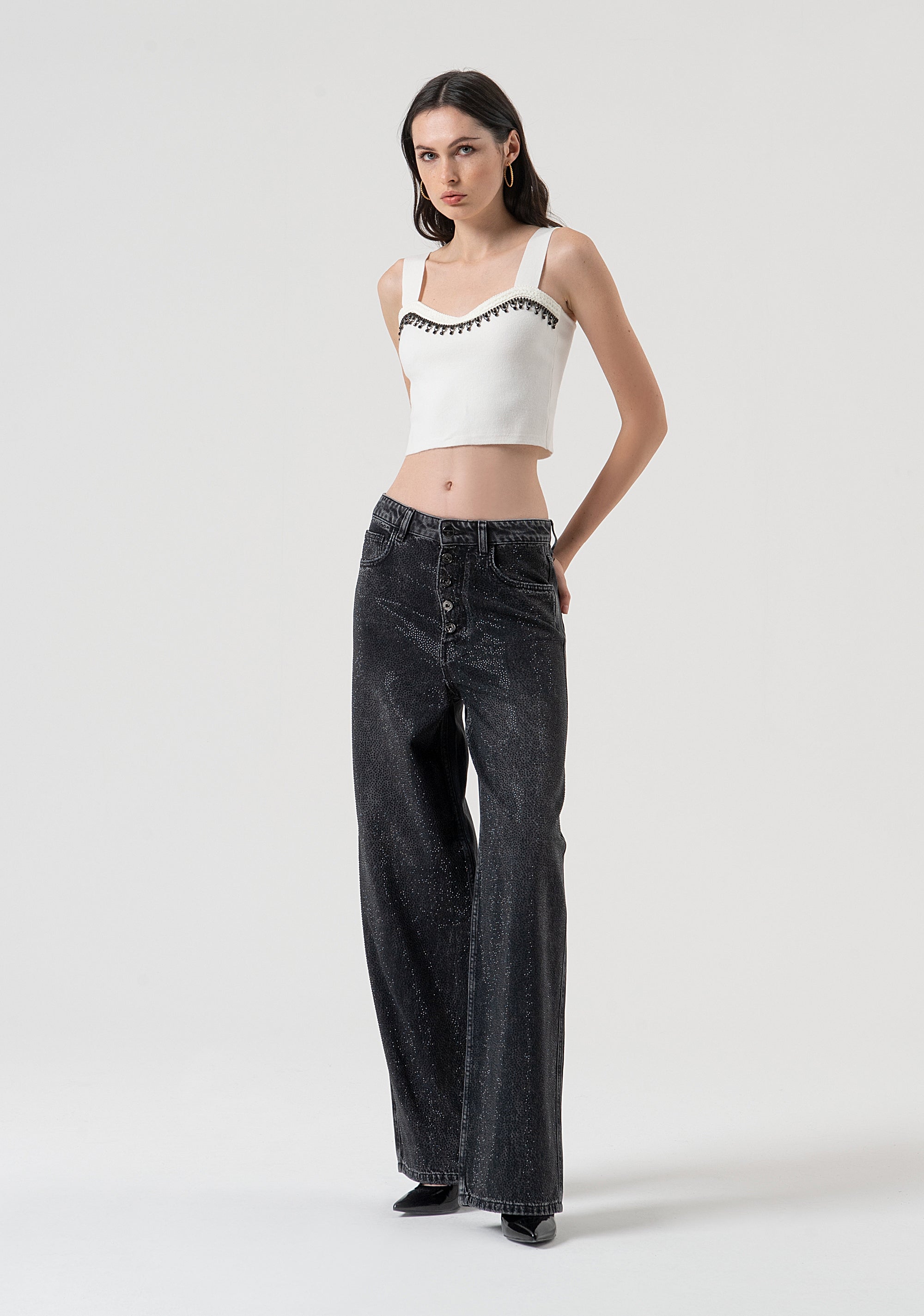 Palazzo pant wide fit made in black denim with dark wash and strasses Fracomina FR25WV3013D419R9-H21-3