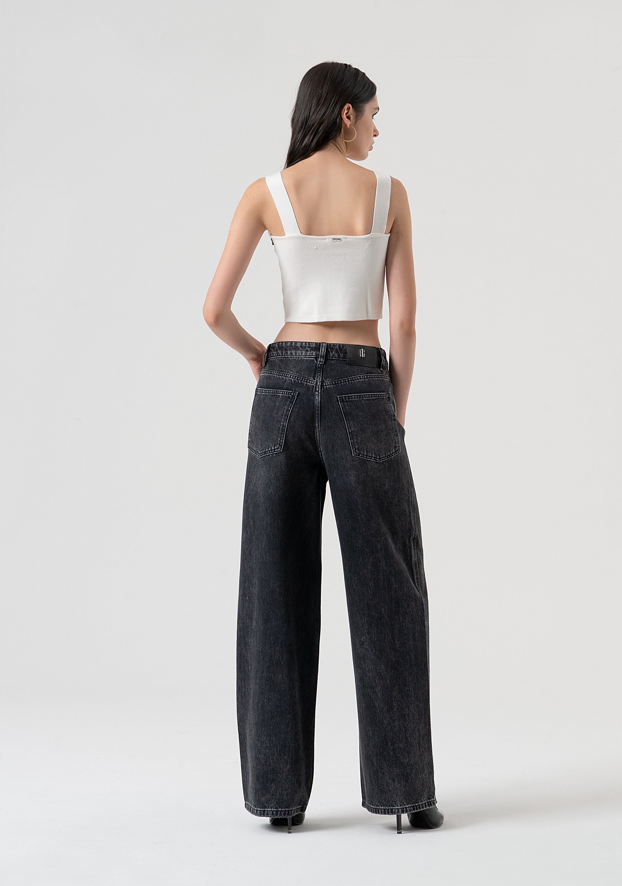 Palazzo pant wide fit made in black denim with dark wash and strasses Fracomina FR25WV3013D419R9-H21-4