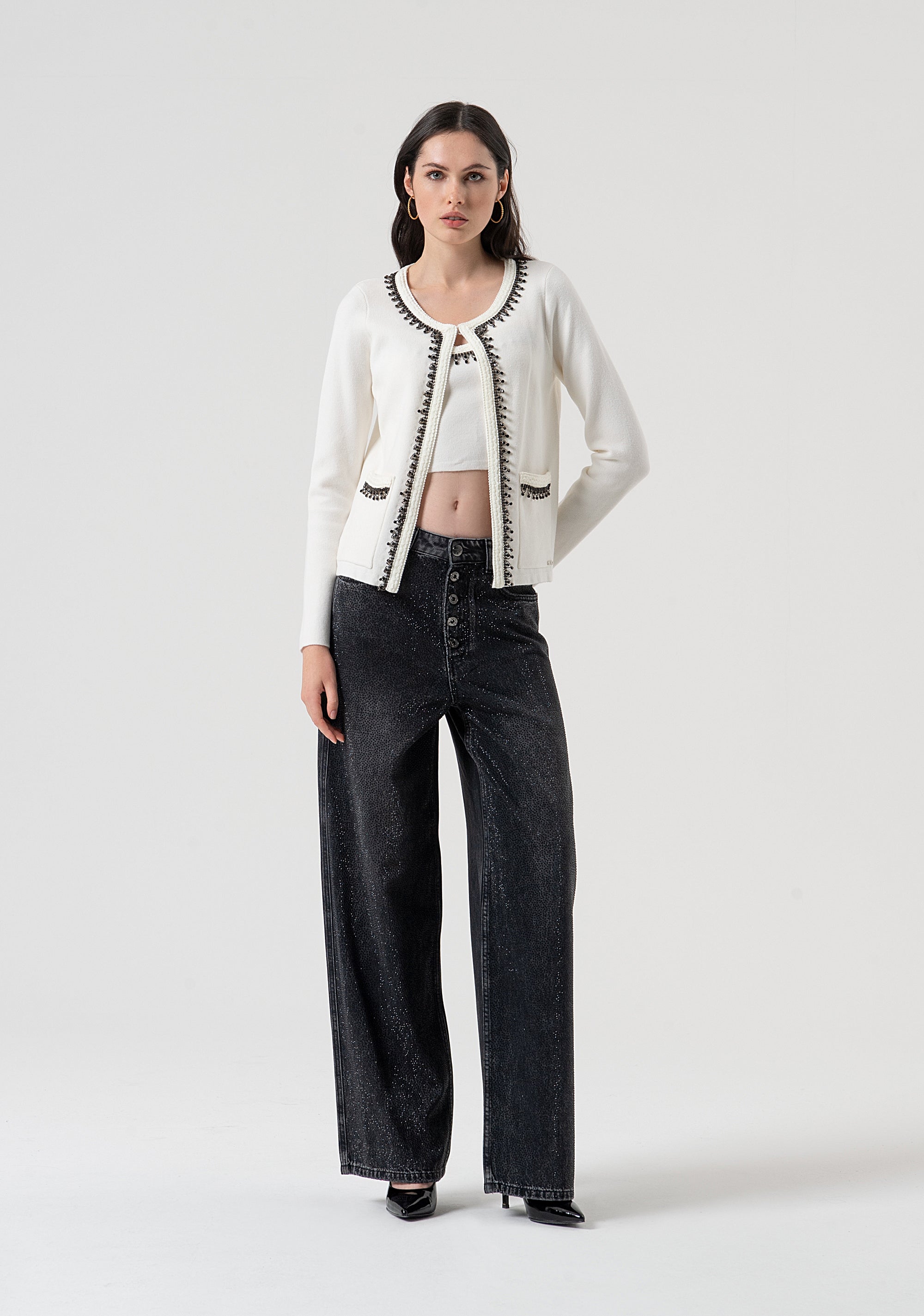 Palazzo pant wide fit made in black denim with dark wash and strasses Fracomina FR25WV3013D419R9-H21-5