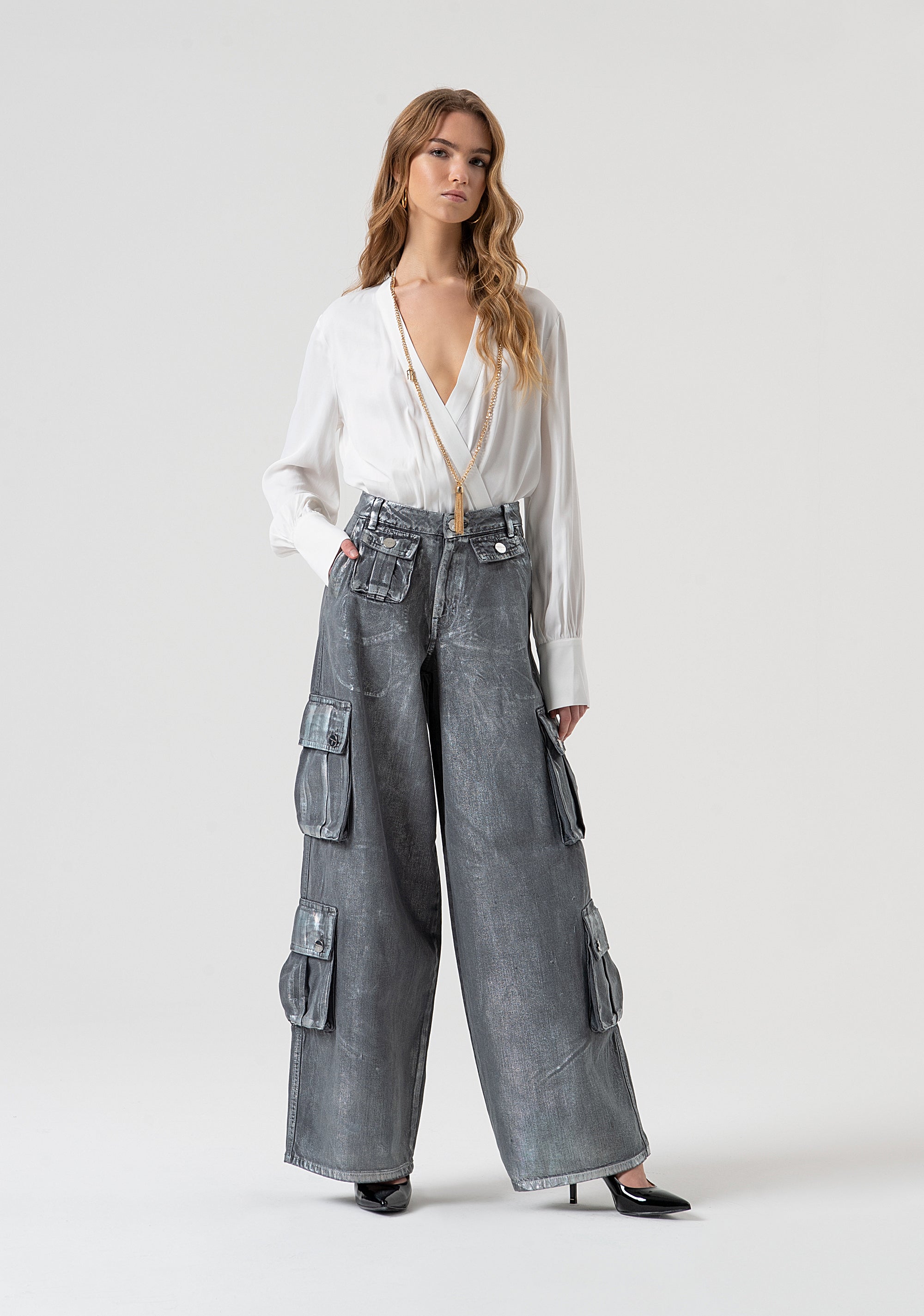 Jeans baggy cargo made in denim with coating Fracomina FR25WVC006D419O8-T59-1