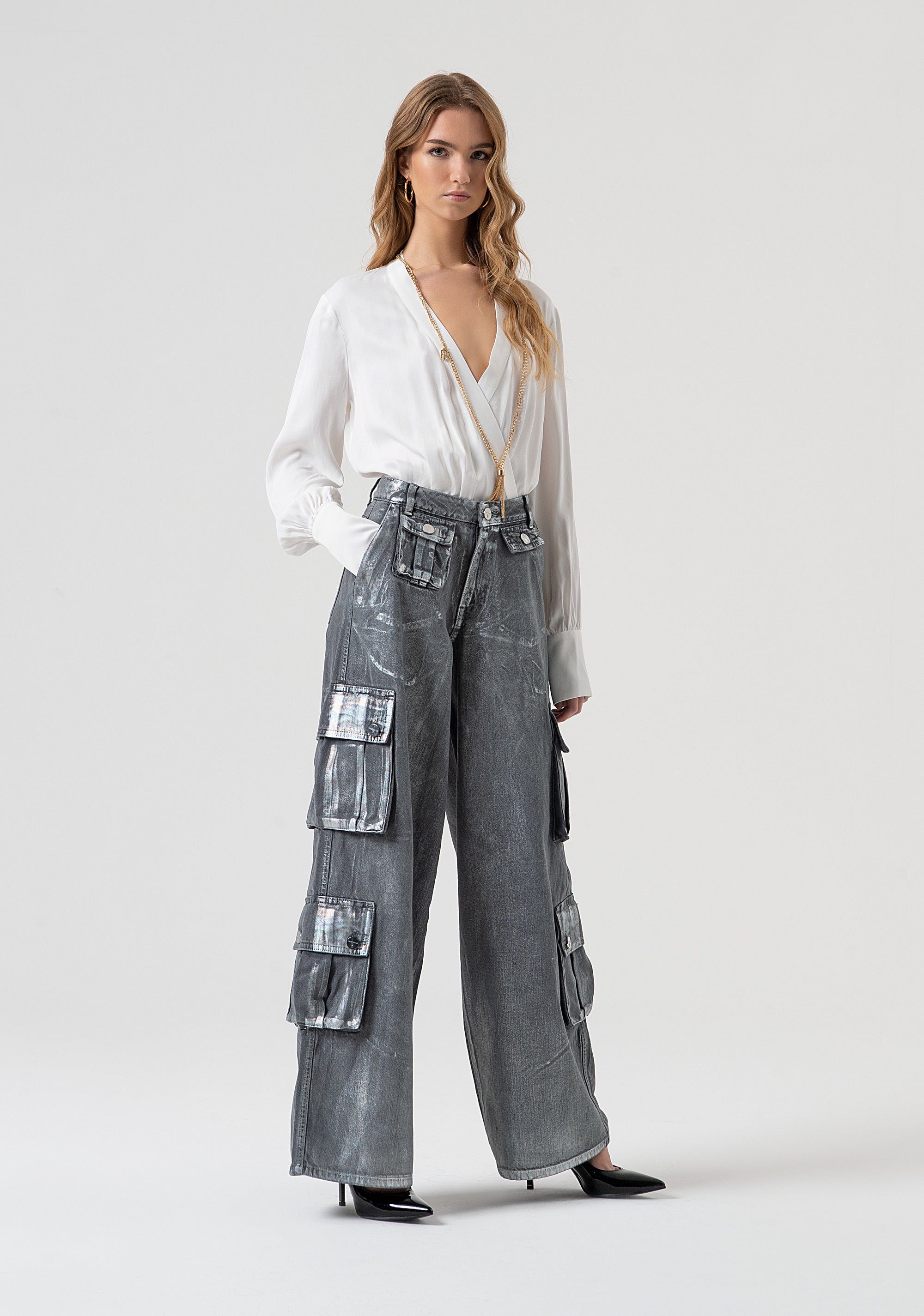 Jeans baggy cargo made in denim with coating Fracomina FR25WVC006D419O8-T59-3