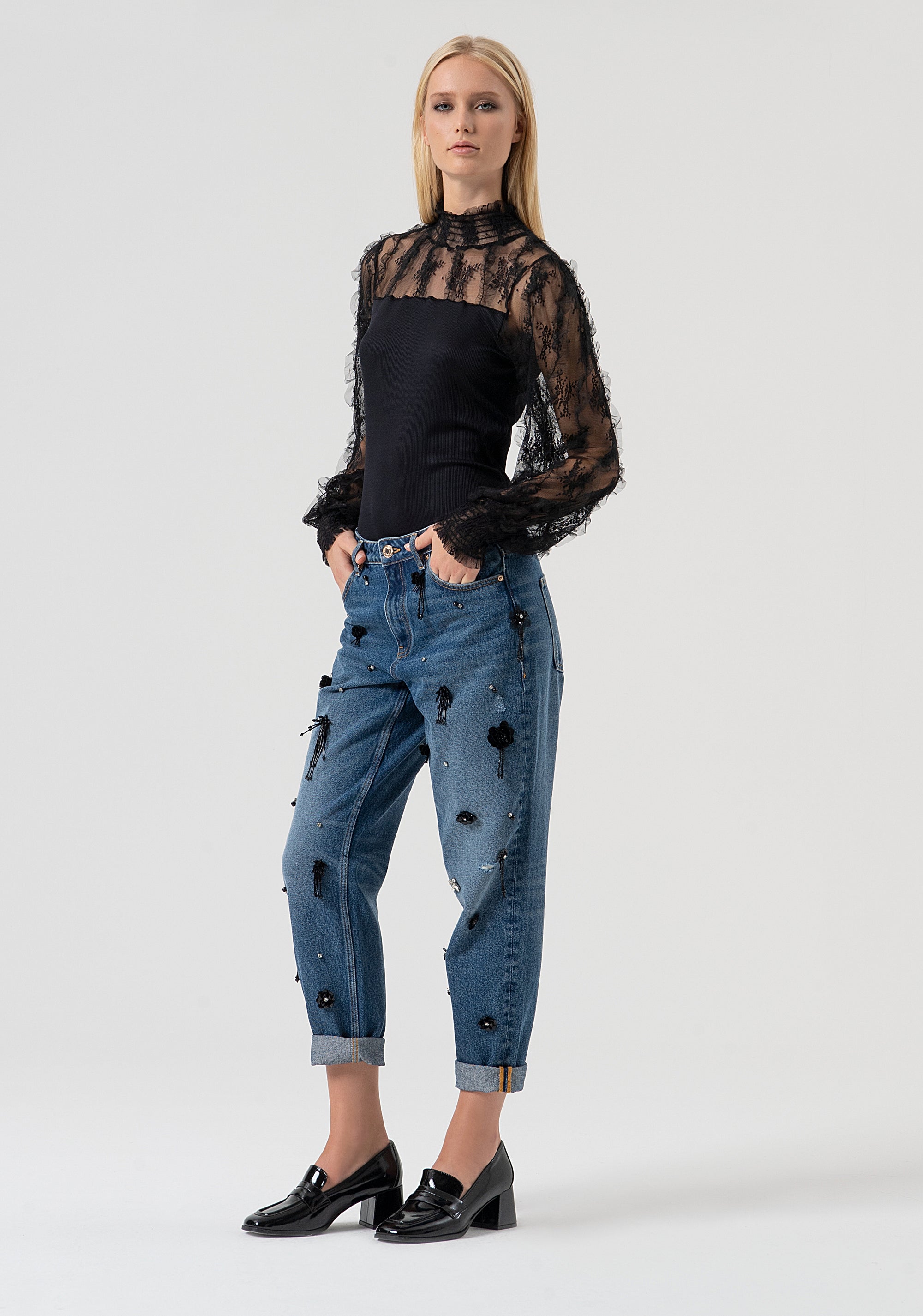 Jeans carrot mom fit made in denim with vintage wash and shiny applications Fracomina FR25WVD005D419P2-A99-3