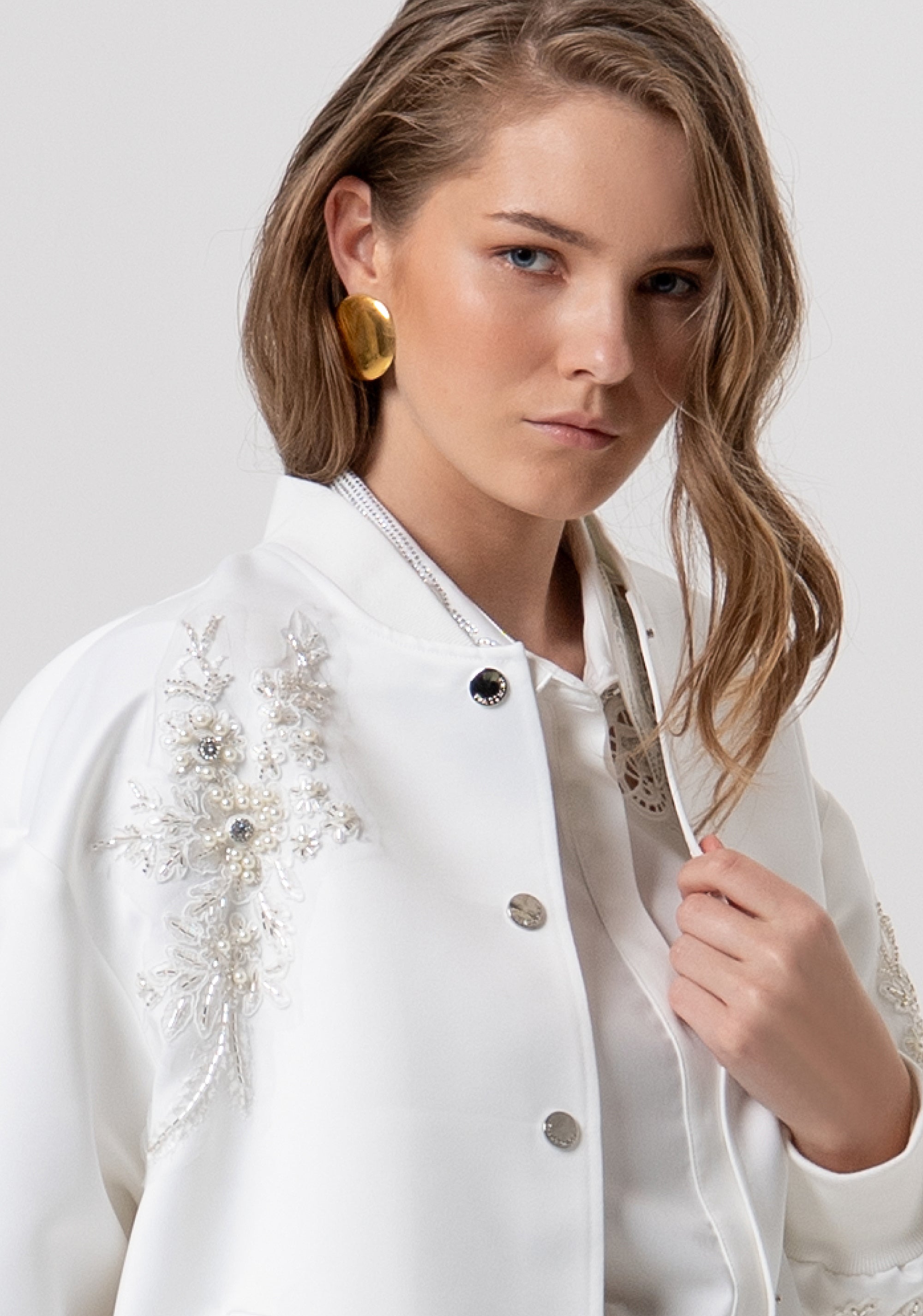 Bomber jacket oversize with pearls application, embroideries and shiny stones Fracomina FR26SC1006W411R9-278-2_1