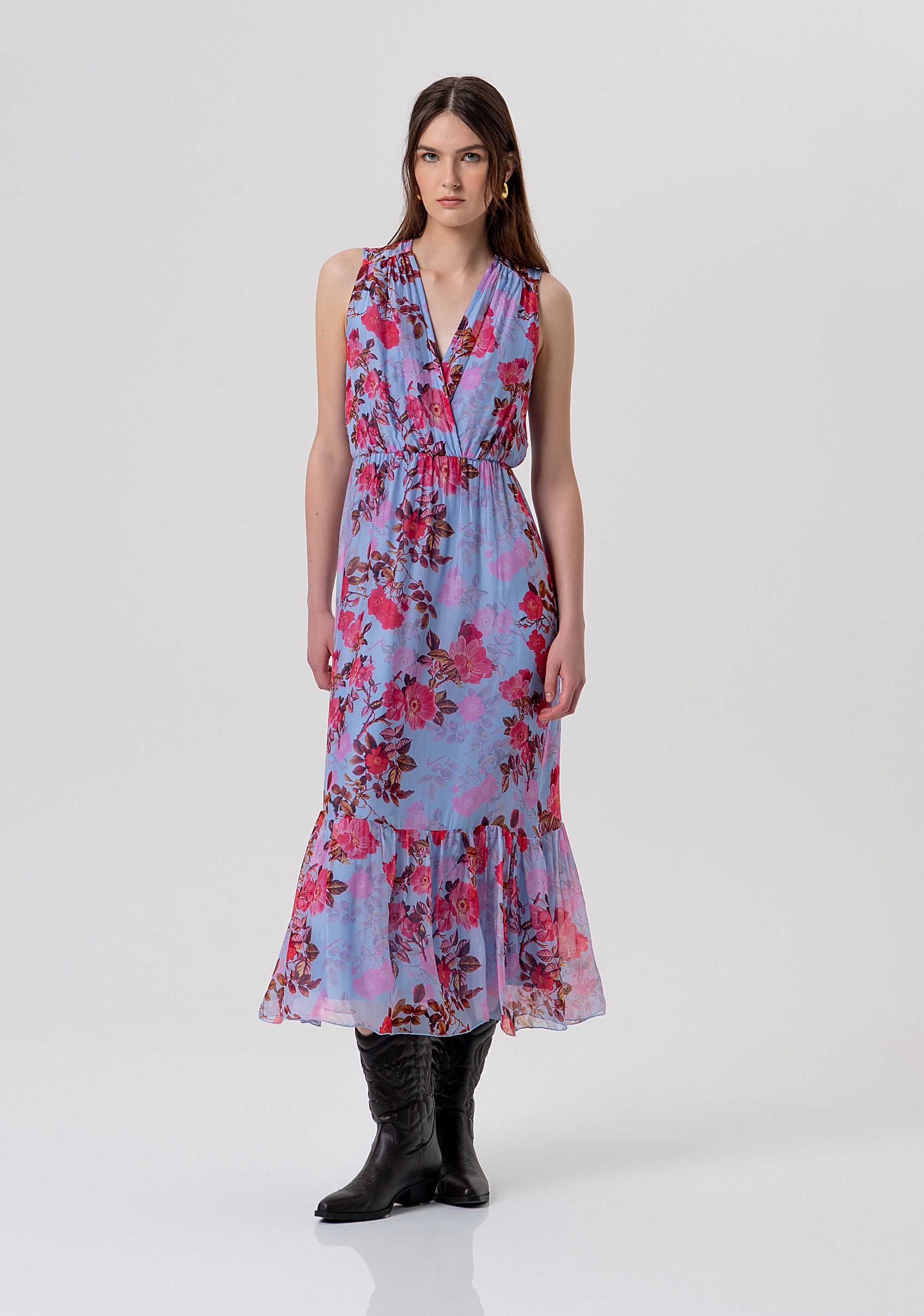 Sleeveless dress made in light viscose and silk and with flowery pattern Fracomina FR26SD3018W774R8-M27-1