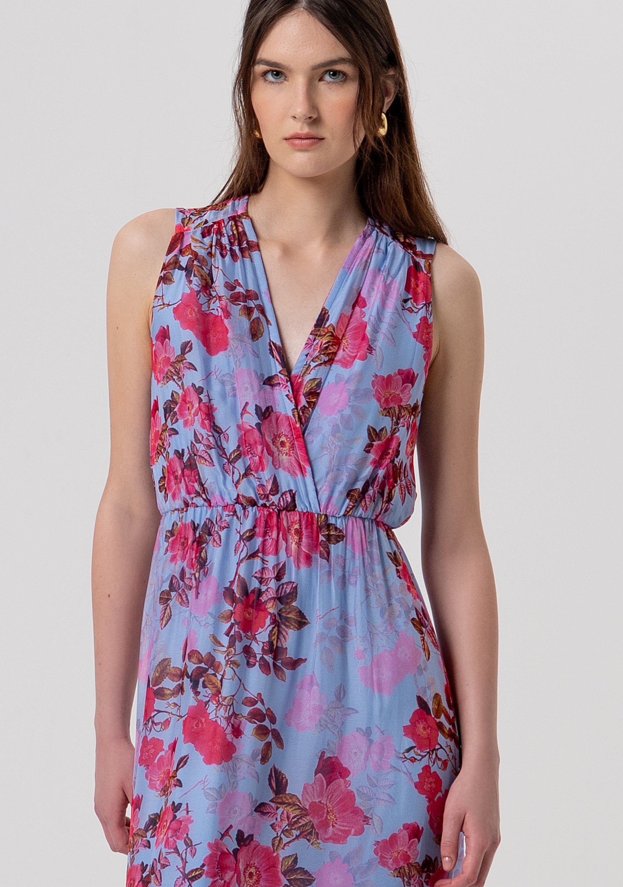Sleeveless dress made in light viscose and silk and with flowery pattern Fracomina FR26SD3018W774R8-M27-2