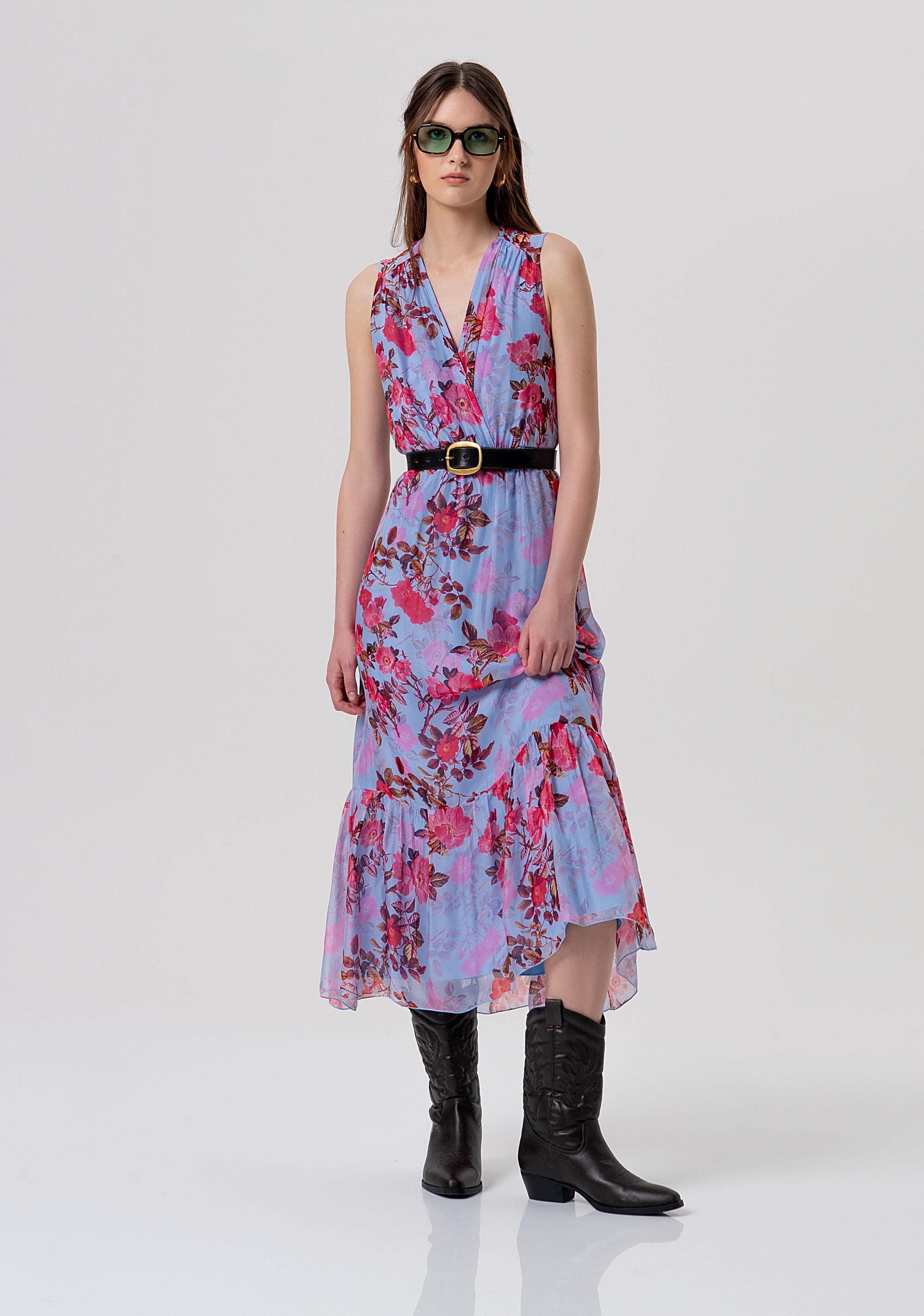 Sleeveless dress made in light viscose and silk and with flowery pattern Fracomina FR26SD3018W774R8-M27-4