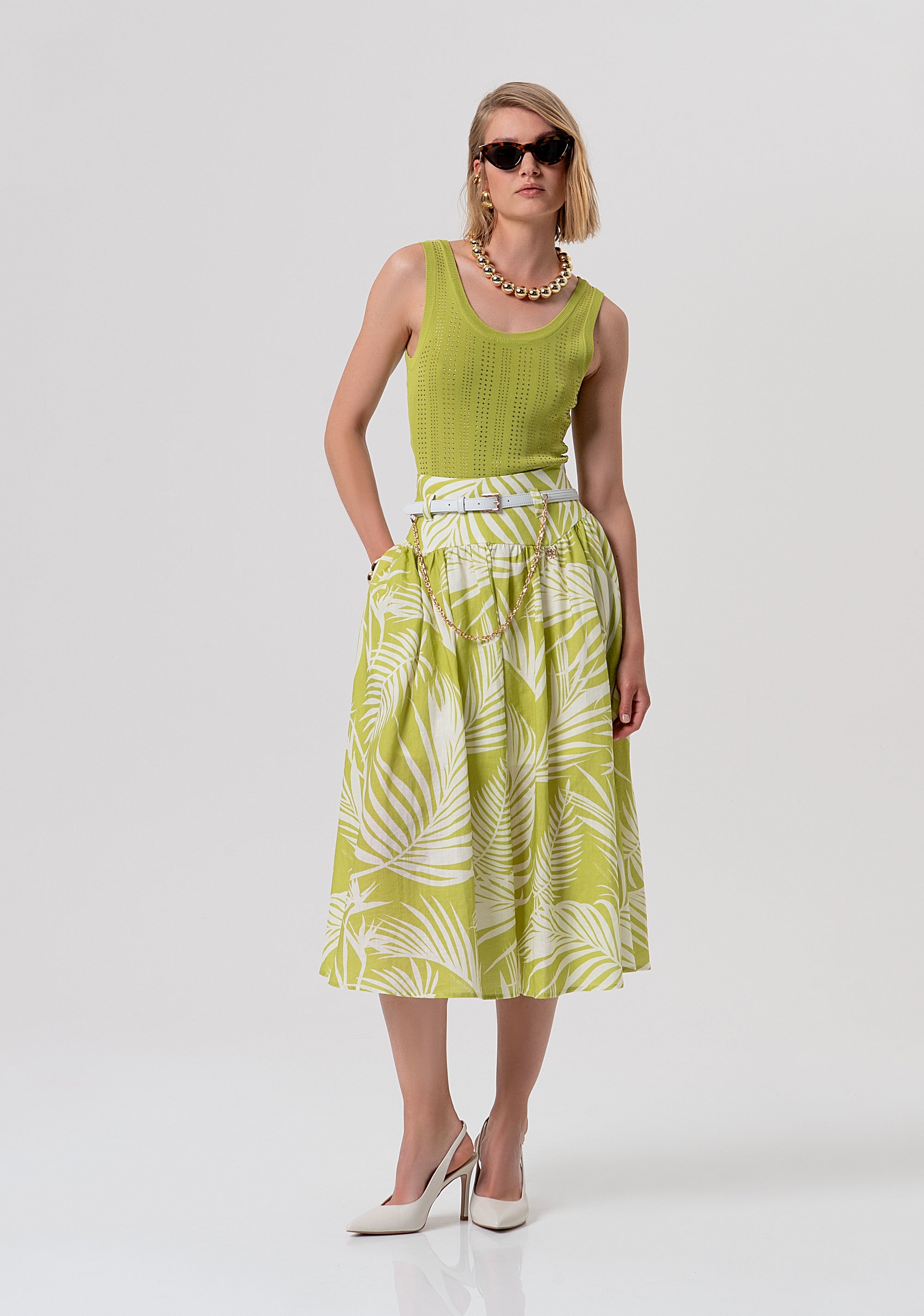 Flare skirt middle length with leaves pattern Fracomina FR26SG2008W835R8-M36-5