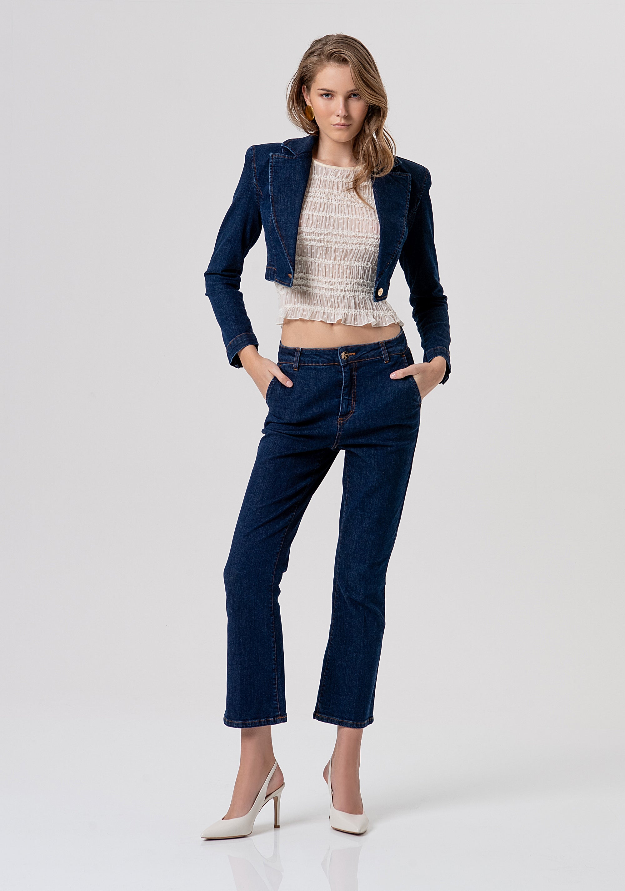 Cropped Denim Blazer with Structured Shoulders Fracomina FR26SJ1016D46093-L23-4