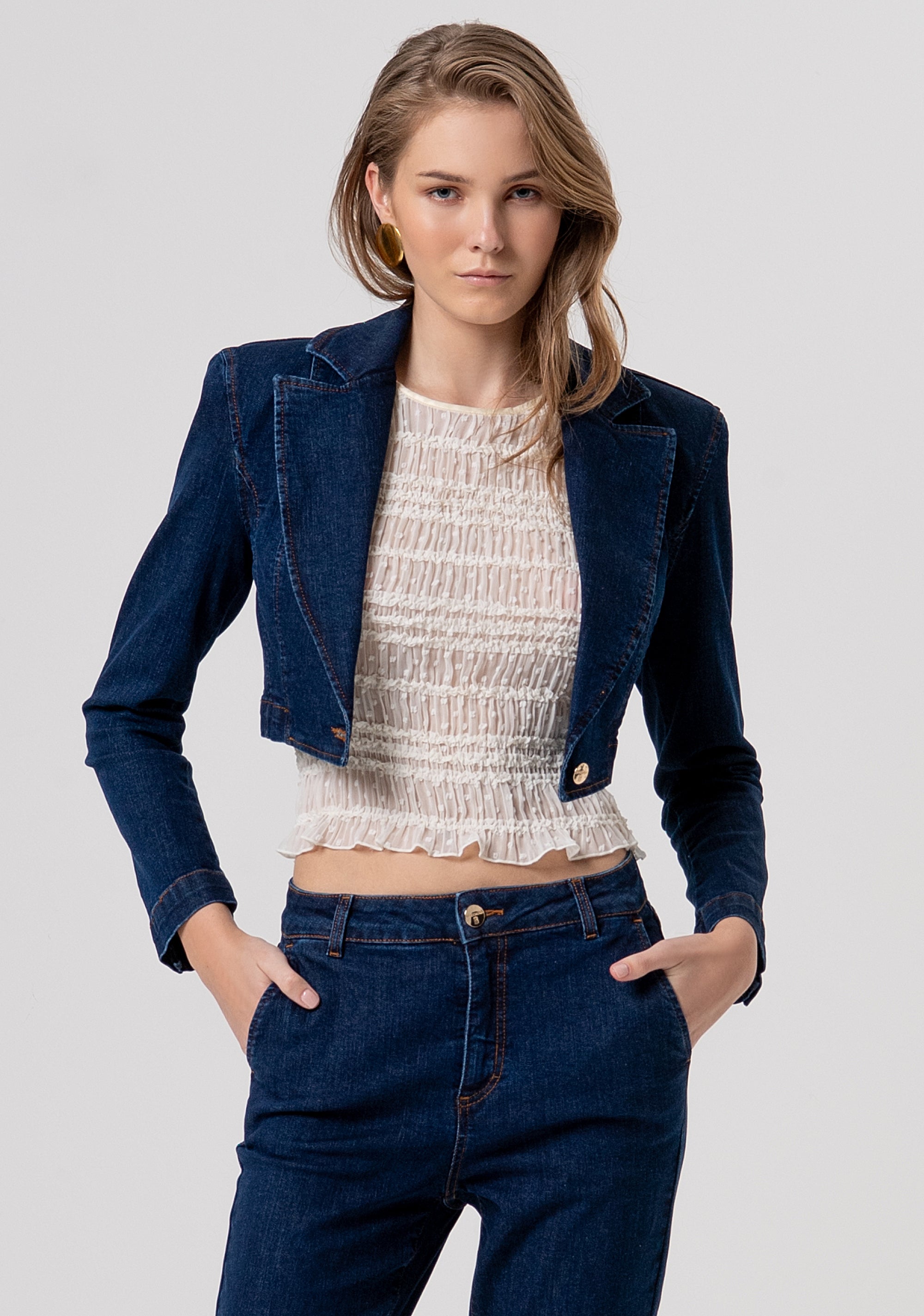 Cropped Denim Blazer with Structured Shoulders Fracomina FR26SJ1016D46093-L23