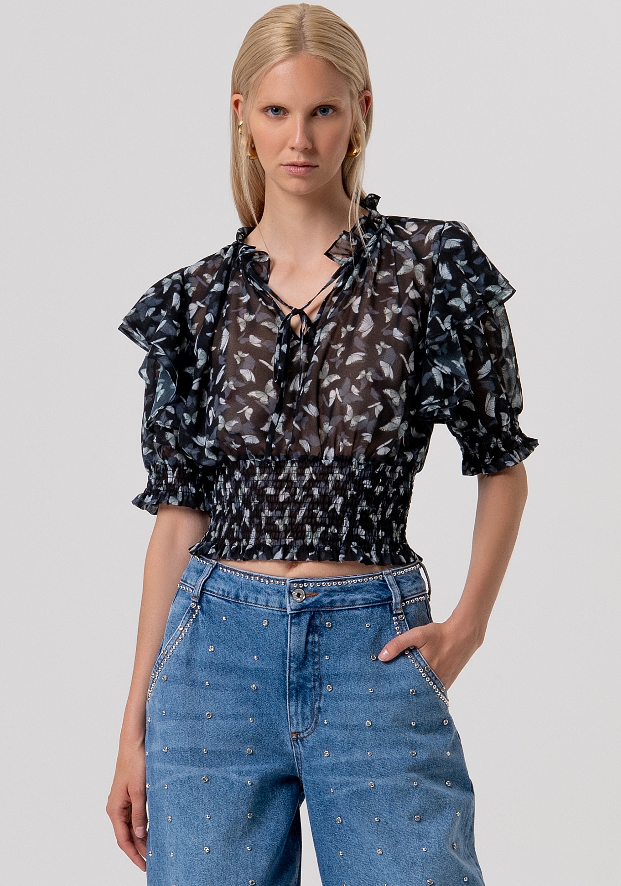 Top cropped with flowery pattern Fracomina FR26ST1013W412W6-054-1