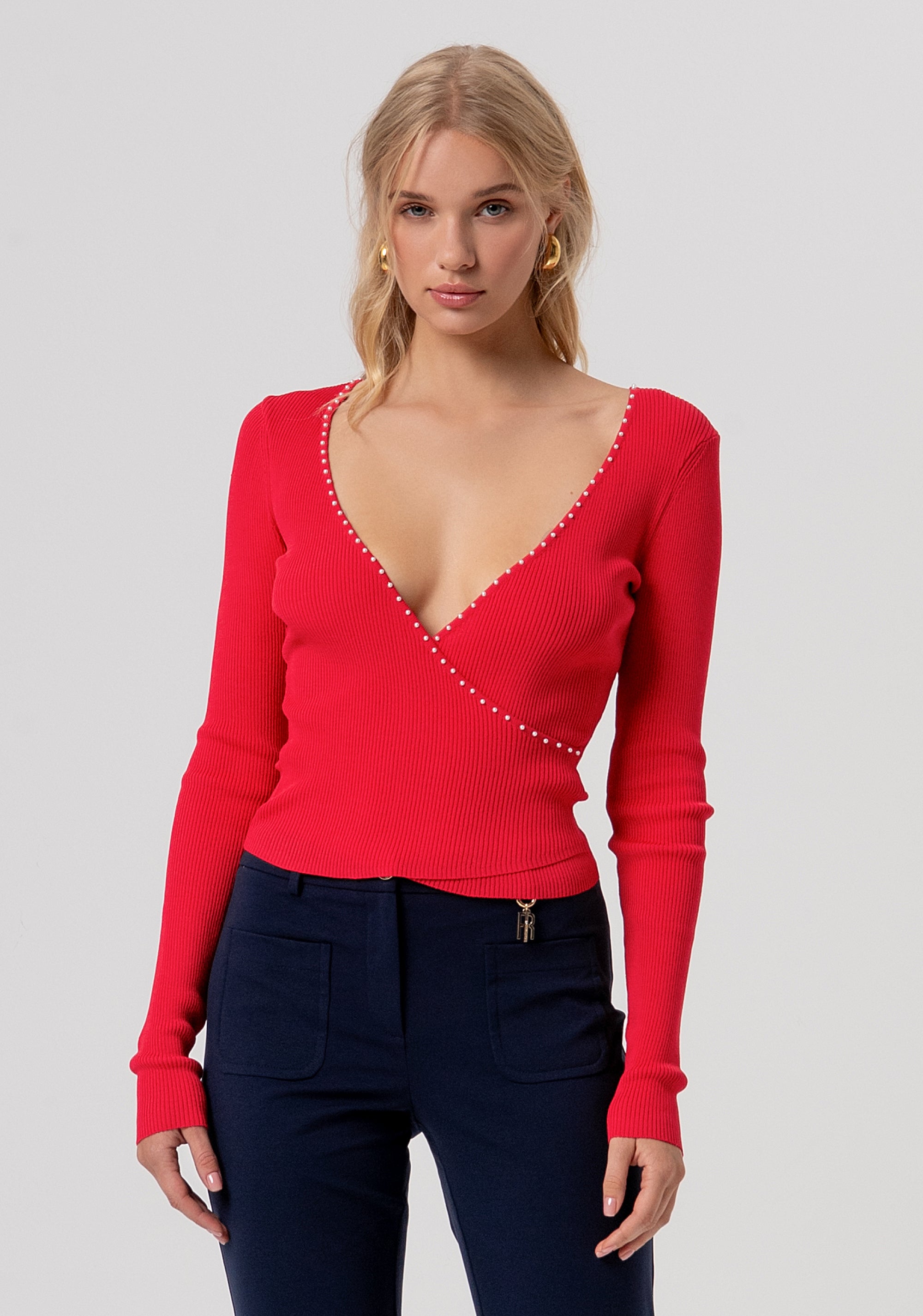 Knitwear slim fit with ribs and criss crossed neckline Fracomina FR26ST7010K52401-101-1