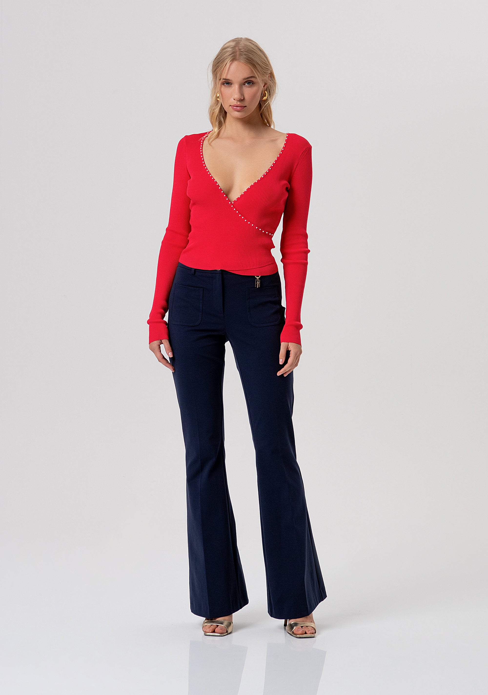 Knitwear slim fit with ribs and criss crossed neckline Fracomina FR26ST7010K52401-101-4