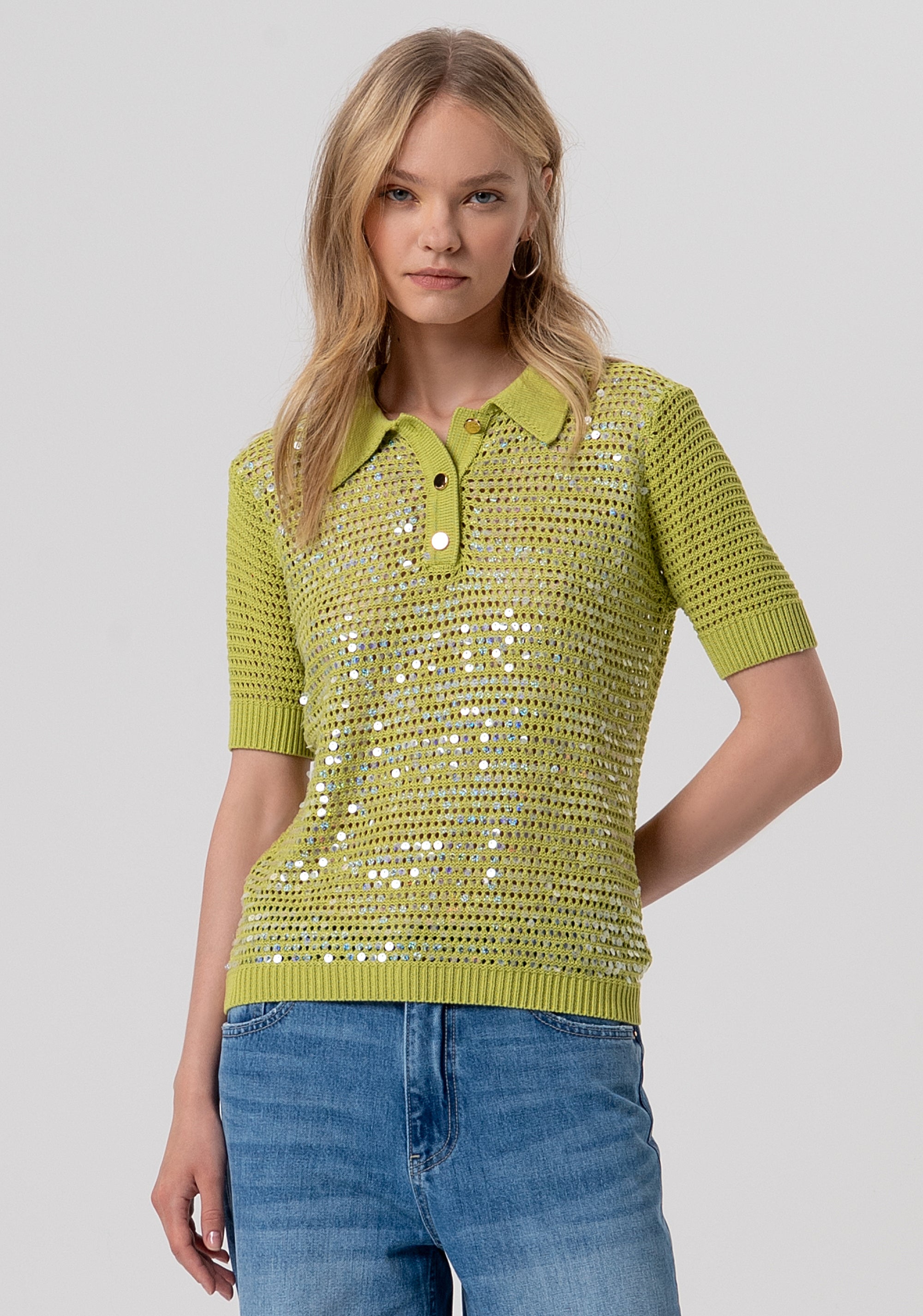 Knitted polo regular fit with openwork and sequins Fracomina FR26ST7022K525R9-813