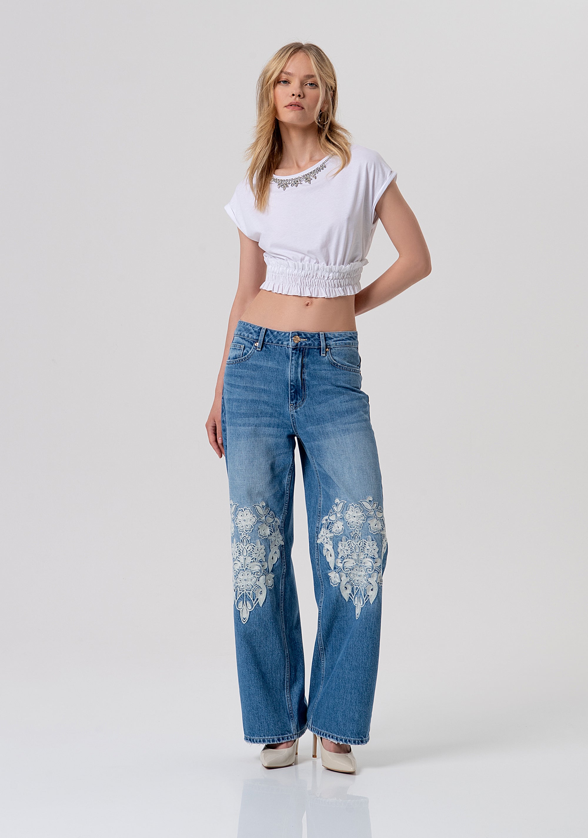 Jeans flare wide leg made in denim with middle wash Fracomina FR26SV2008D419E5-258-1