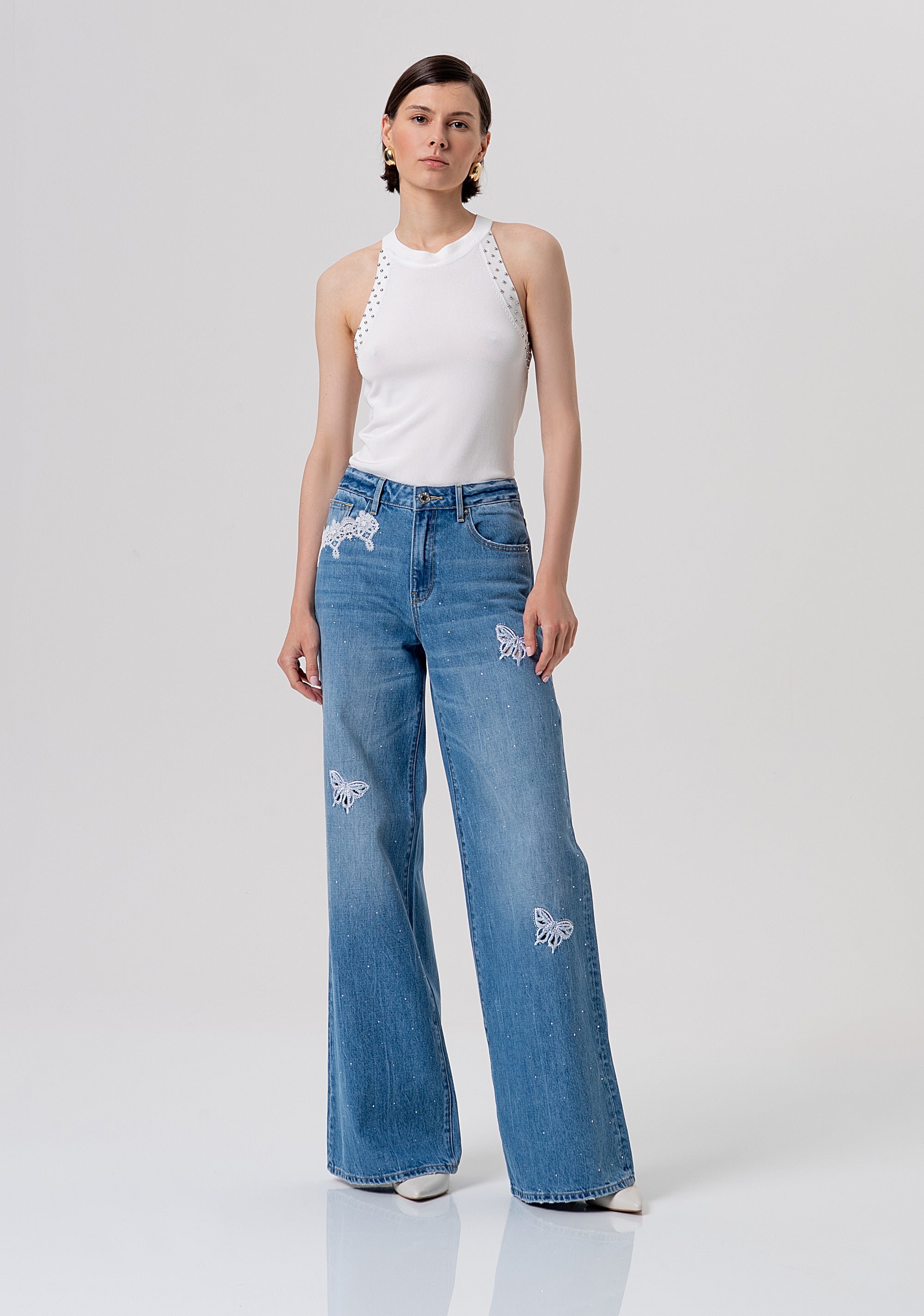 Jeans flare wide leg with middle wash, embroideries and strasses Fracomina FR26SV3015D41903-258-1