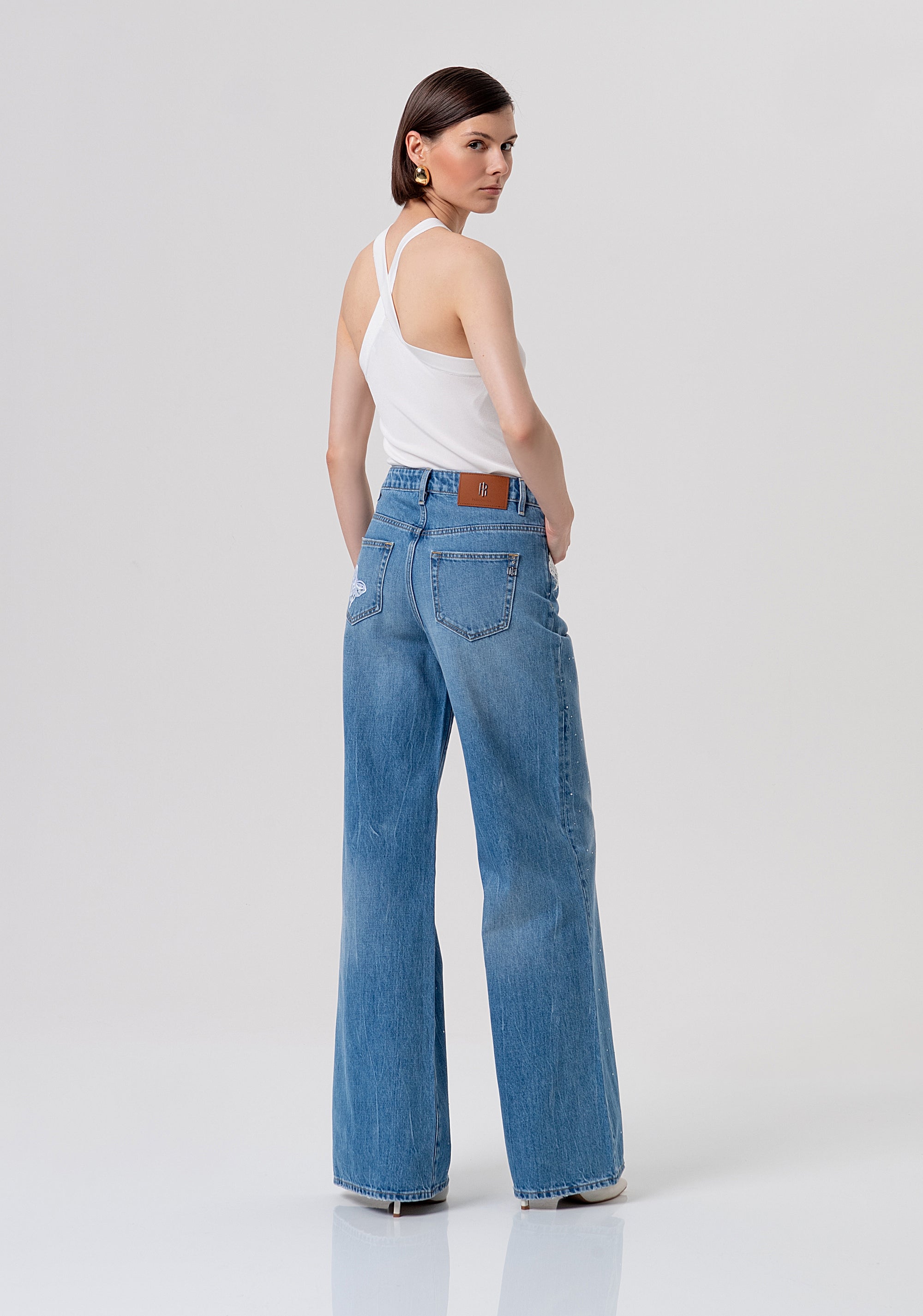 Jeans flare wide leg with middle wash, embroideries and strasses Fracomina FR26SV3015D41903-258-3