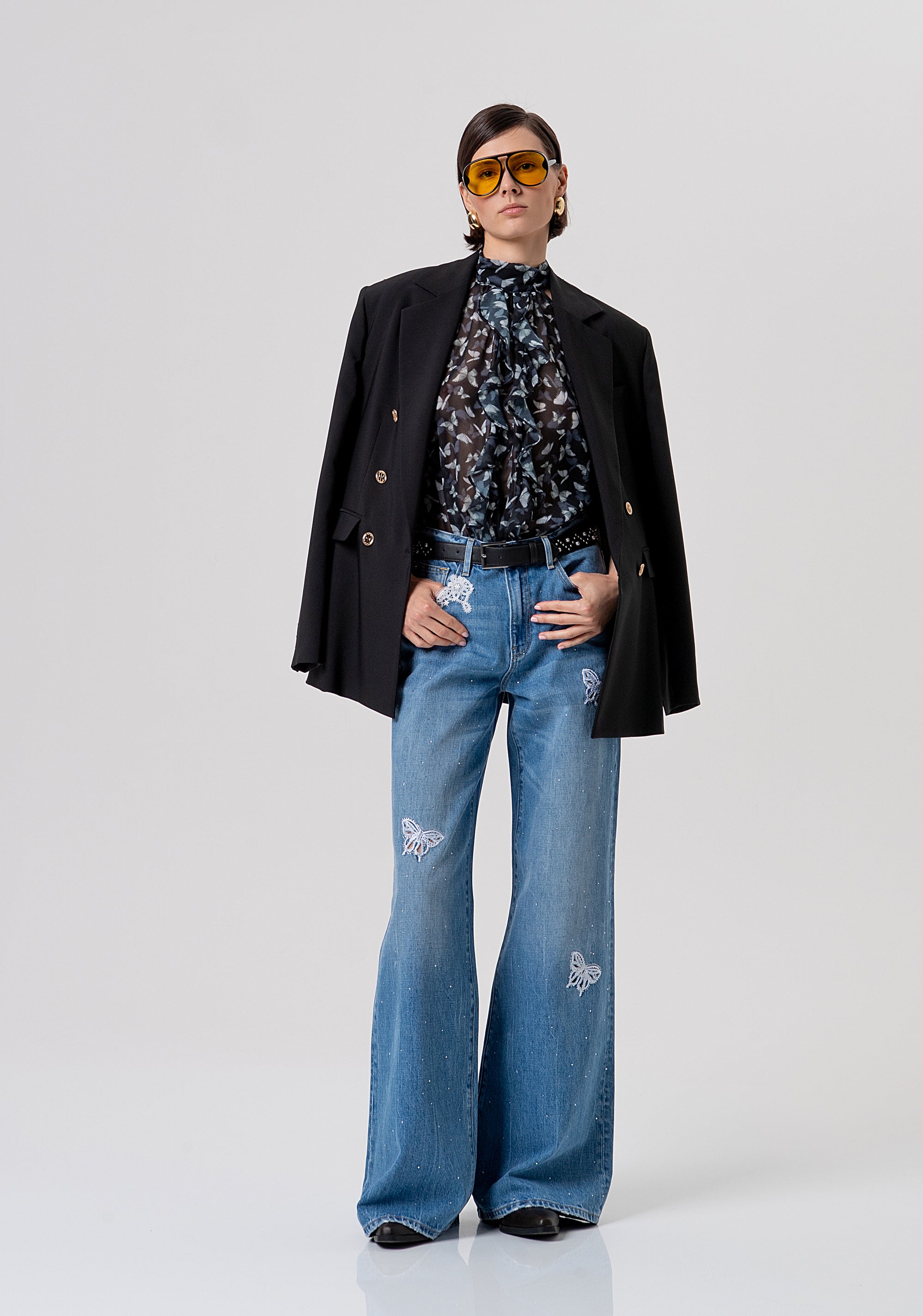 Jeans flare wide leg with middle wash, embroideries and strasses Fracomina FR26SV3015D41903-258-4