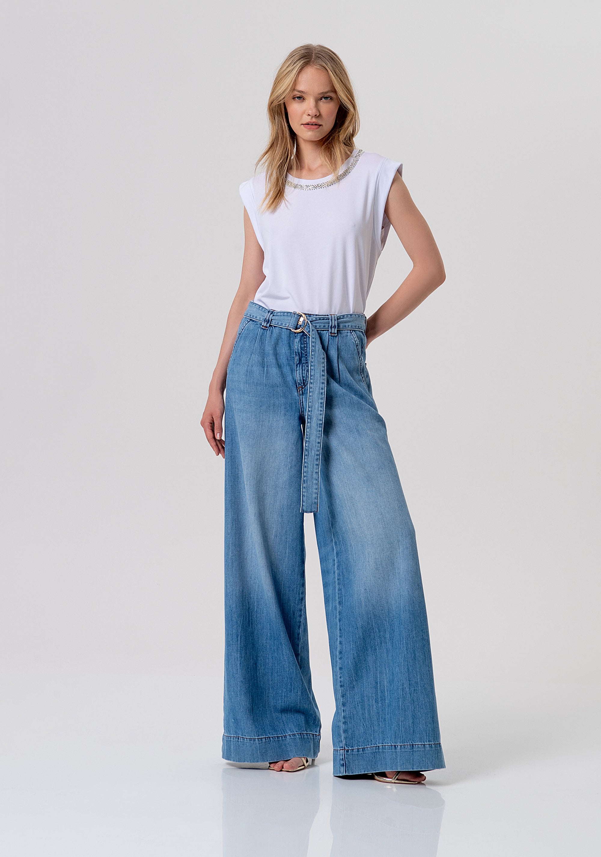 Palazzo pant flare made in denim with middle light wash Fracomina FR26SV3026D41902-258-1