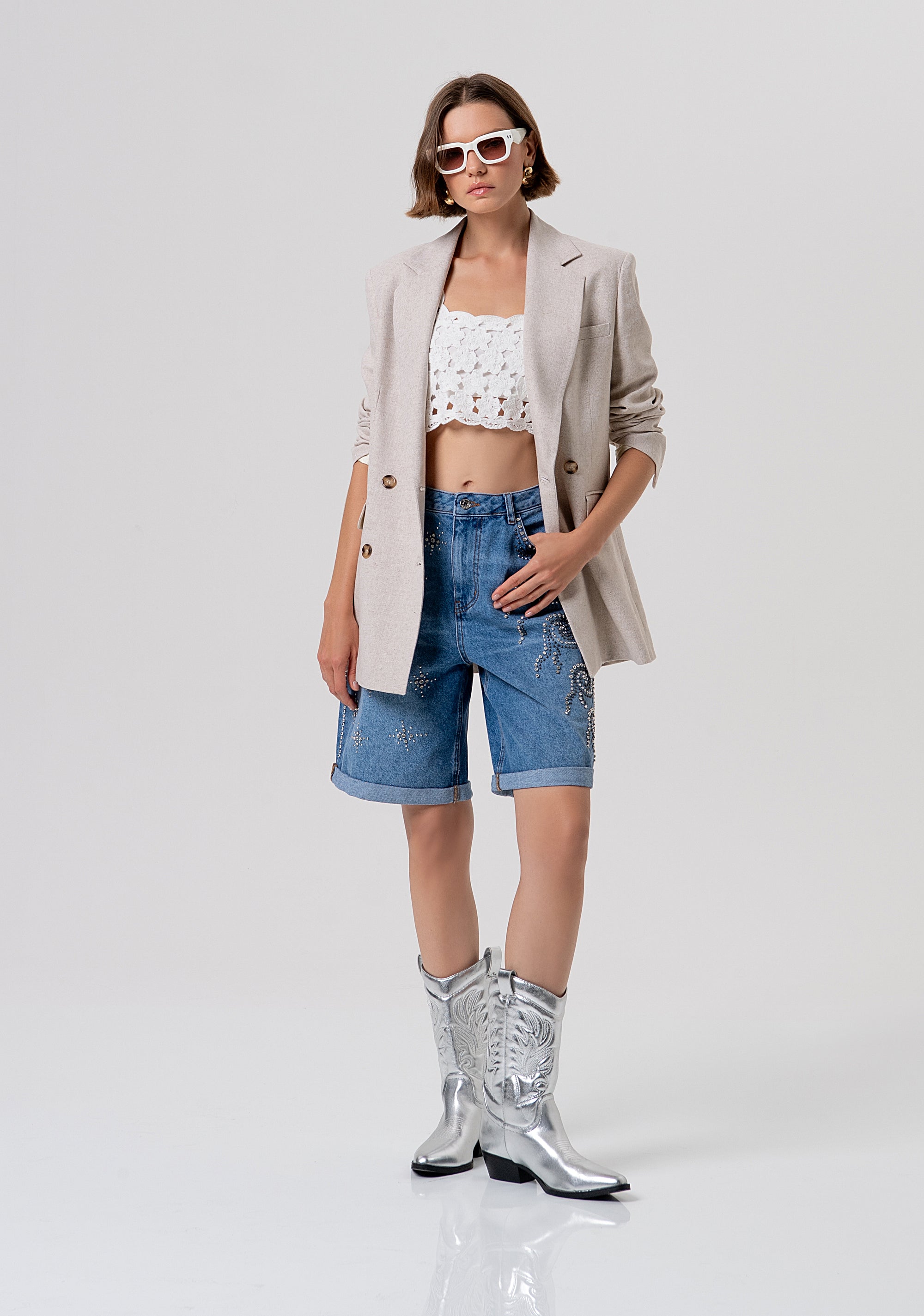 Bermuda flare made in denim with middle wash and shiny applications Fracomina FR26SV6025D419R9-258-4