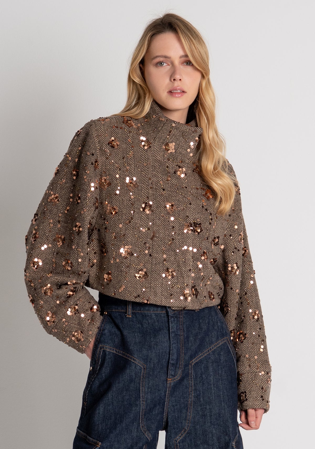 Coat cropped made in herringbone fabric with sequins Fracomina FR26WC1020W579R9-M55-2