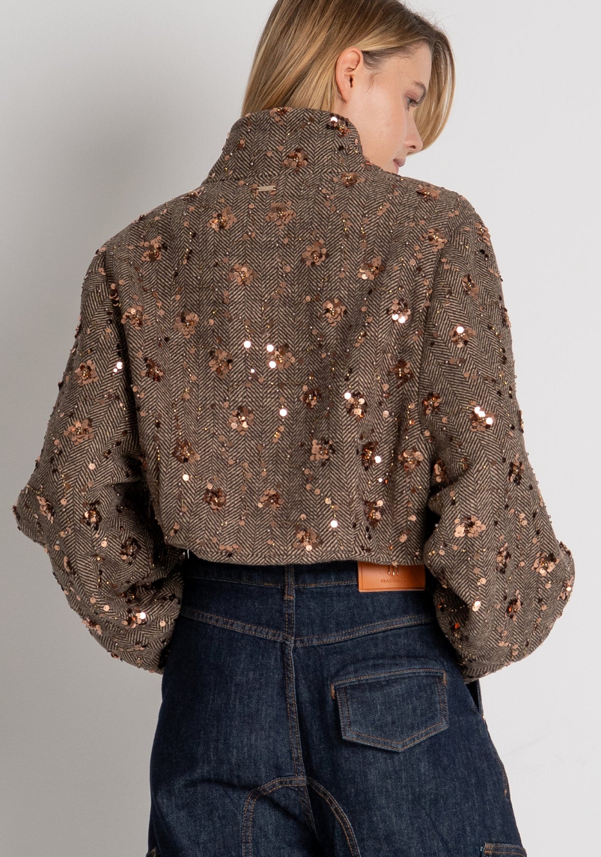 Coat cropped made in herringbone fabric with sequins Fracomina FR26WC1020W579R9-M55-4