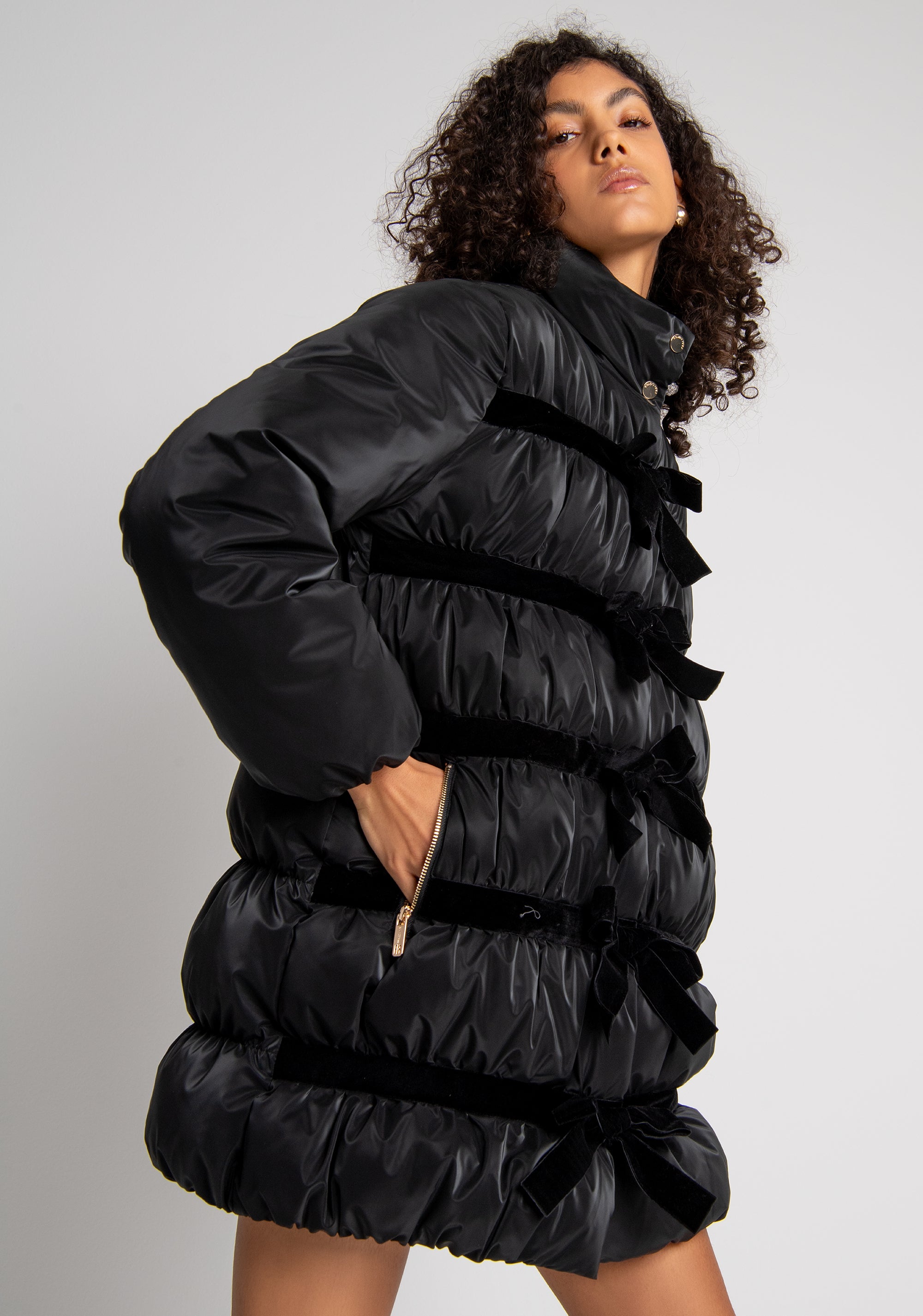 Padded jacket regular fit with bows made in velvet Fracomina FR26WC3003O45801-053